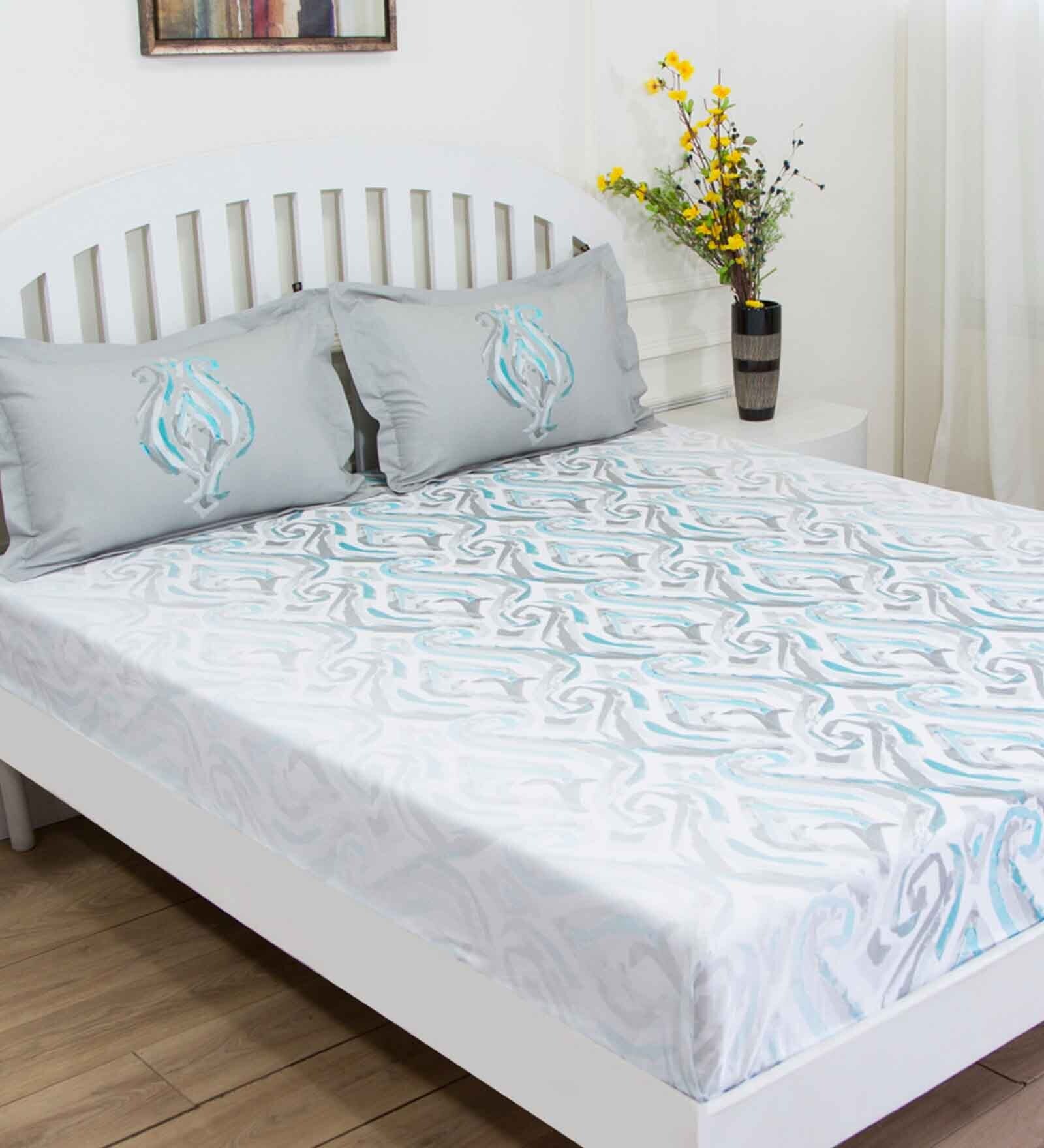 Grey Abstract 144 TC Cotton Queen Sized Bed Sheets with 2 Pillow Covers