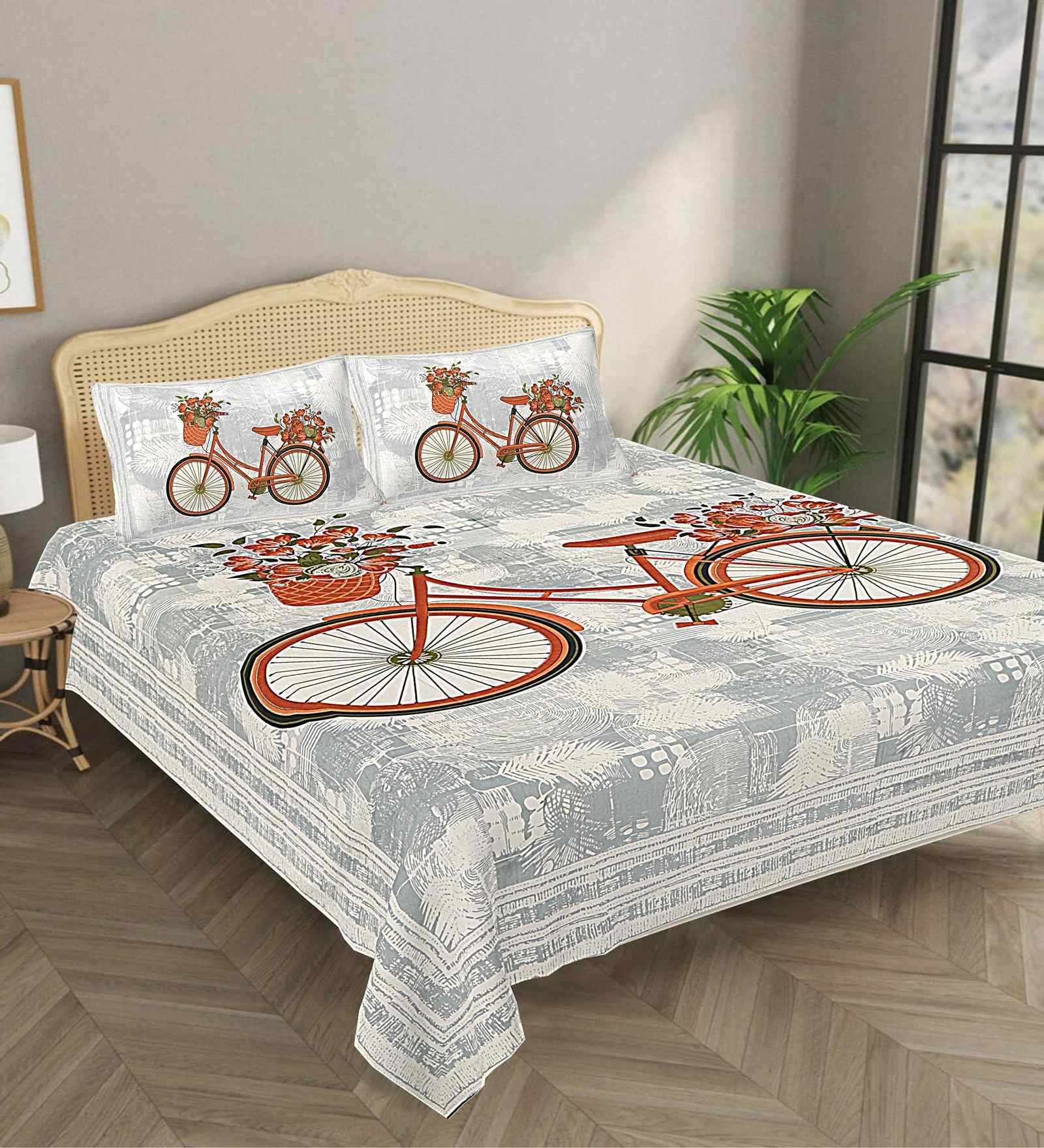 Grey Abstract 180 TC Cotton  King Sized Bedsheet with 2 Pillow Covers