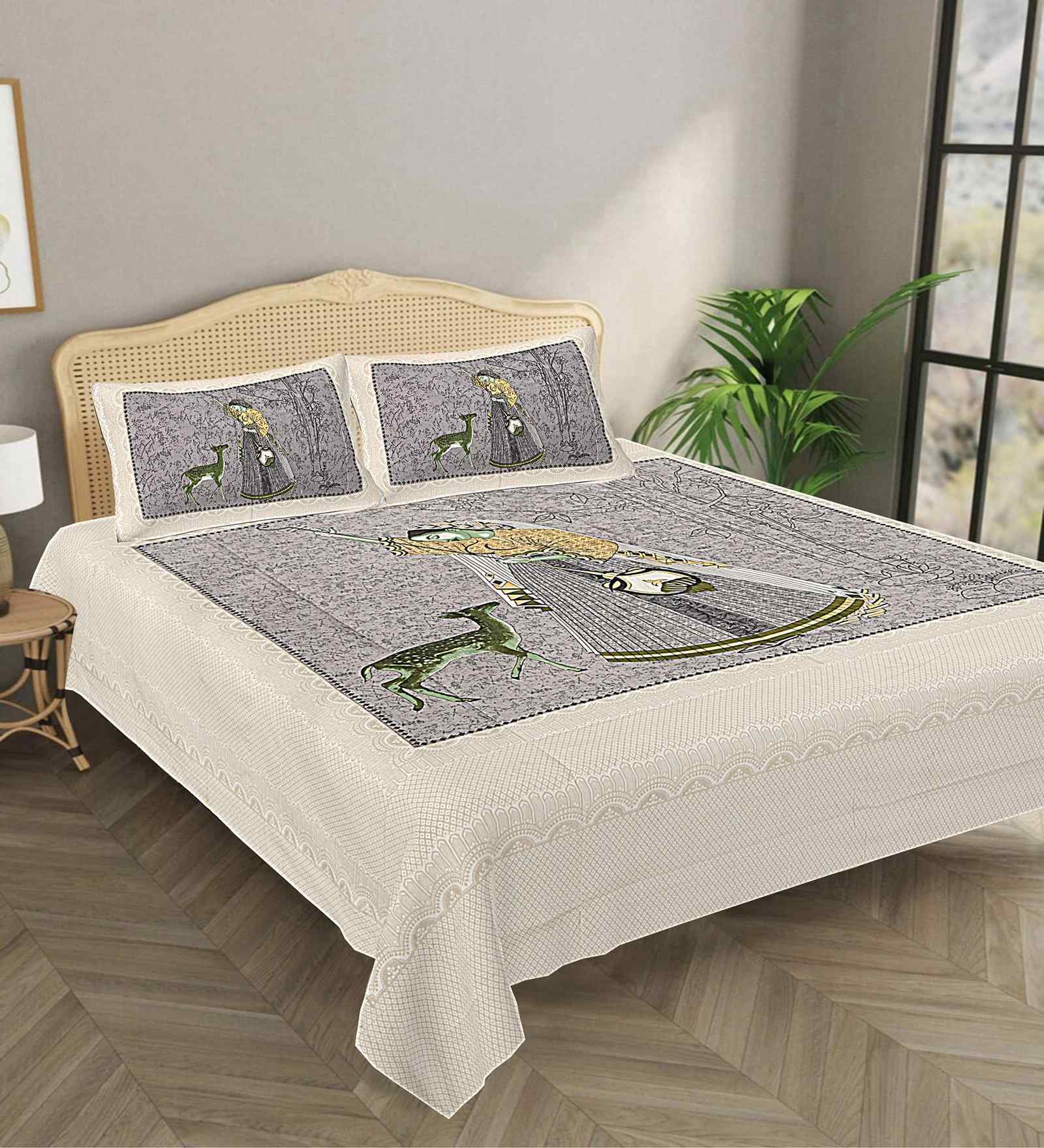 Grey Abstract 180 TC Cotton  King Sized Bedsheet with 2 Pillow Covers