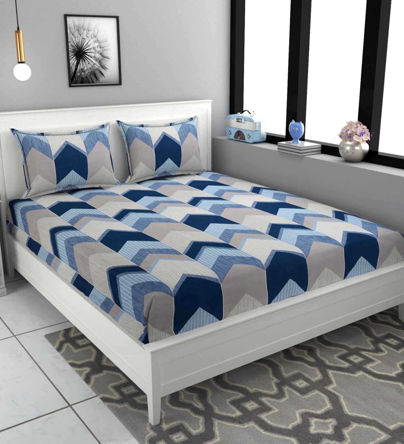 Grey and Blue Abstract 180 TC Microfiber Double Bedsheet With 2 Pillow Covers