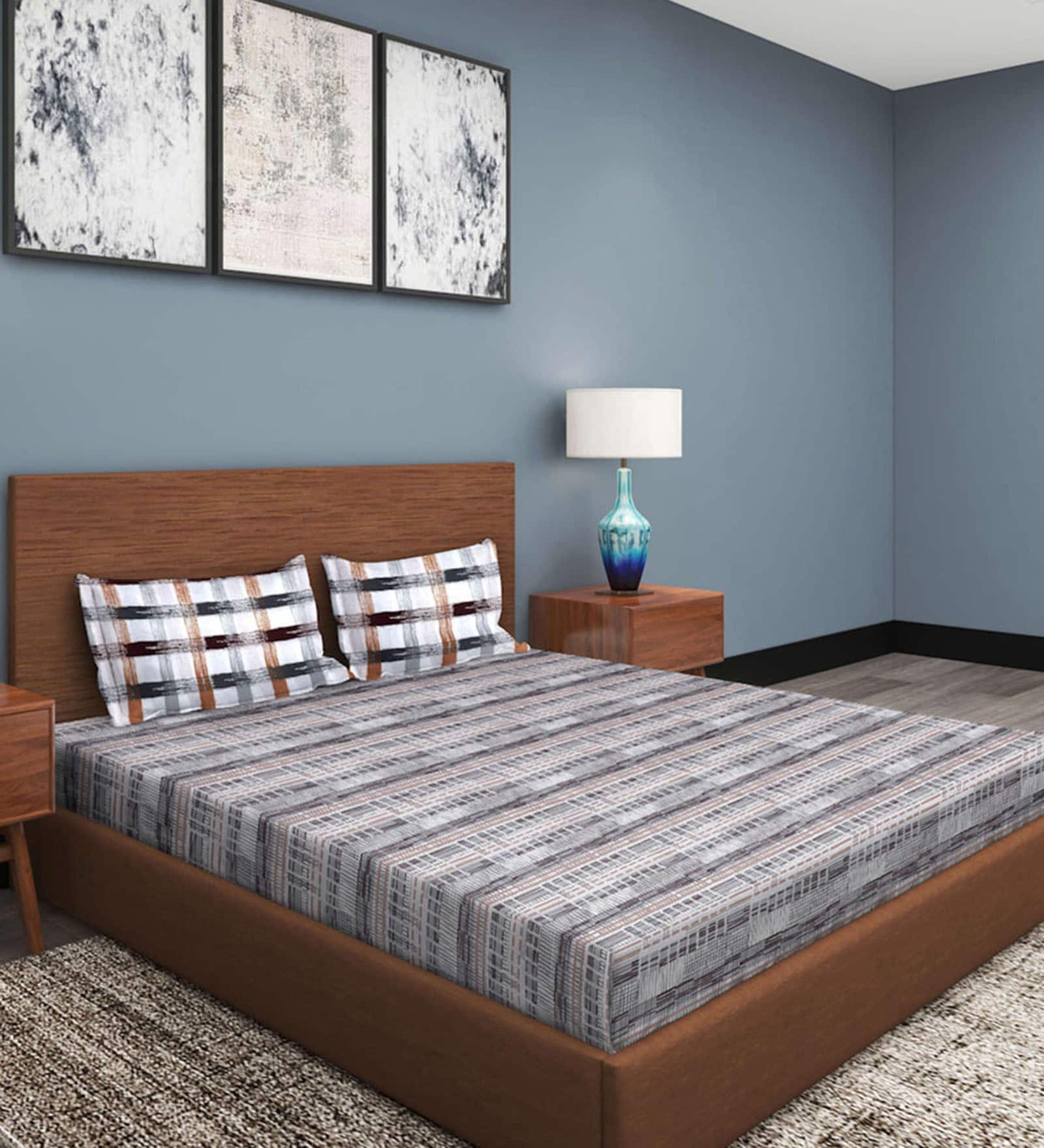 Grey Abstract 210 TC Cotton King Sized Double Bedsheet with 2 Pillow Covers