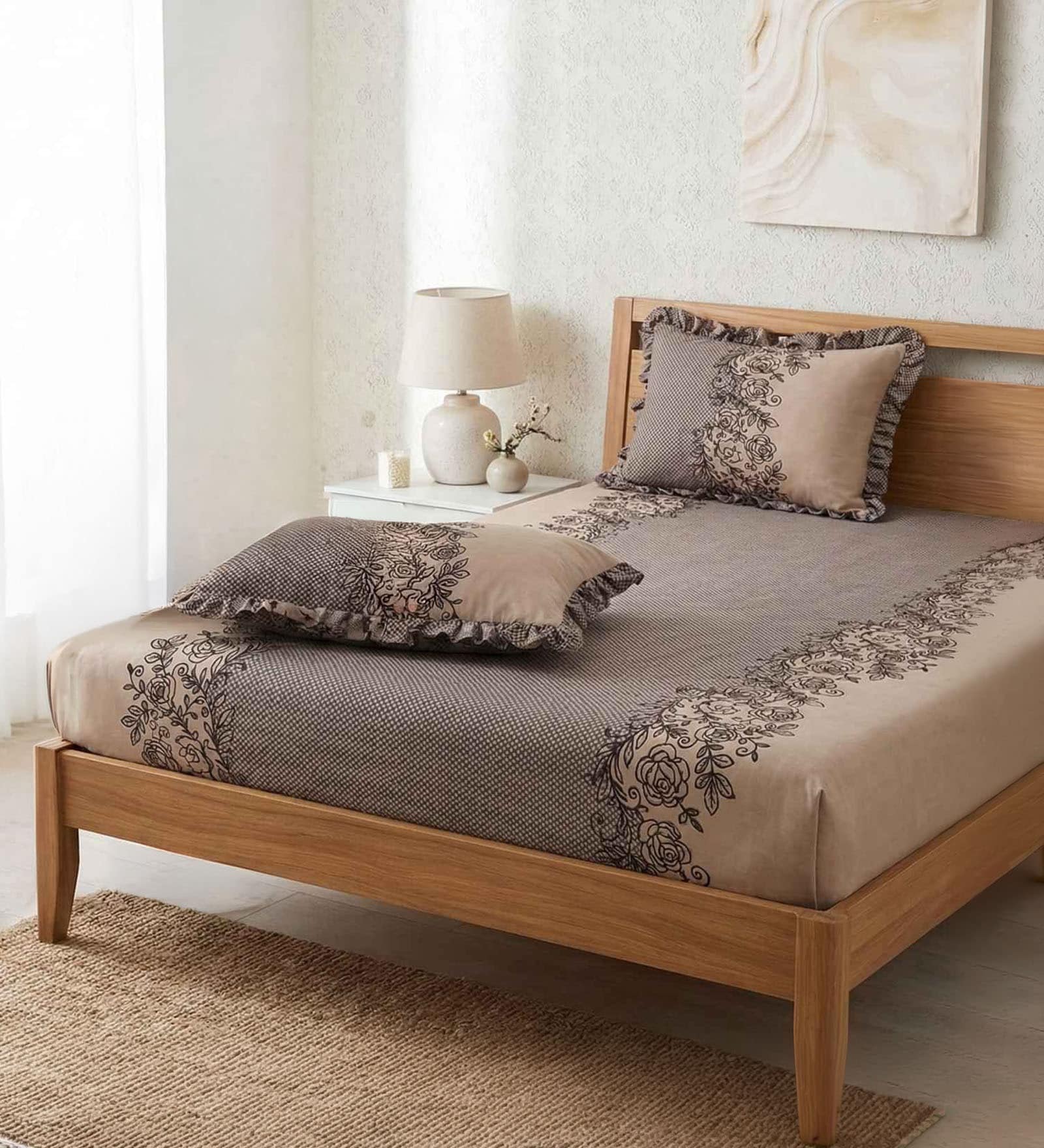 Grey Abstract 260 Tc Polycotton Double Fitted Bedsheet With 2 Pillow Covers