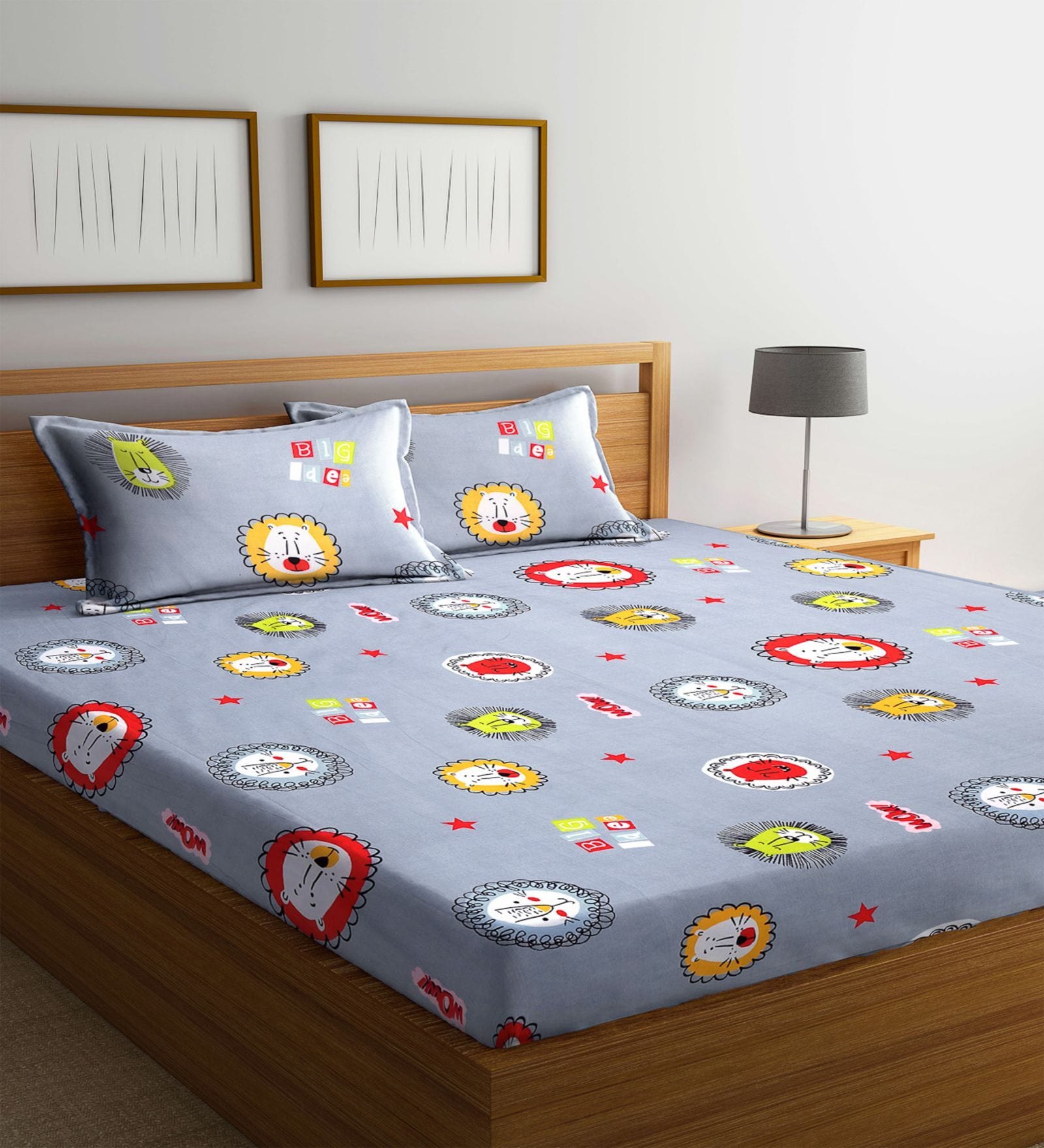 Grey Wildlife 300 TC Cotton Blend Double Queen Size Bedsheet With 2 Pillow Covers