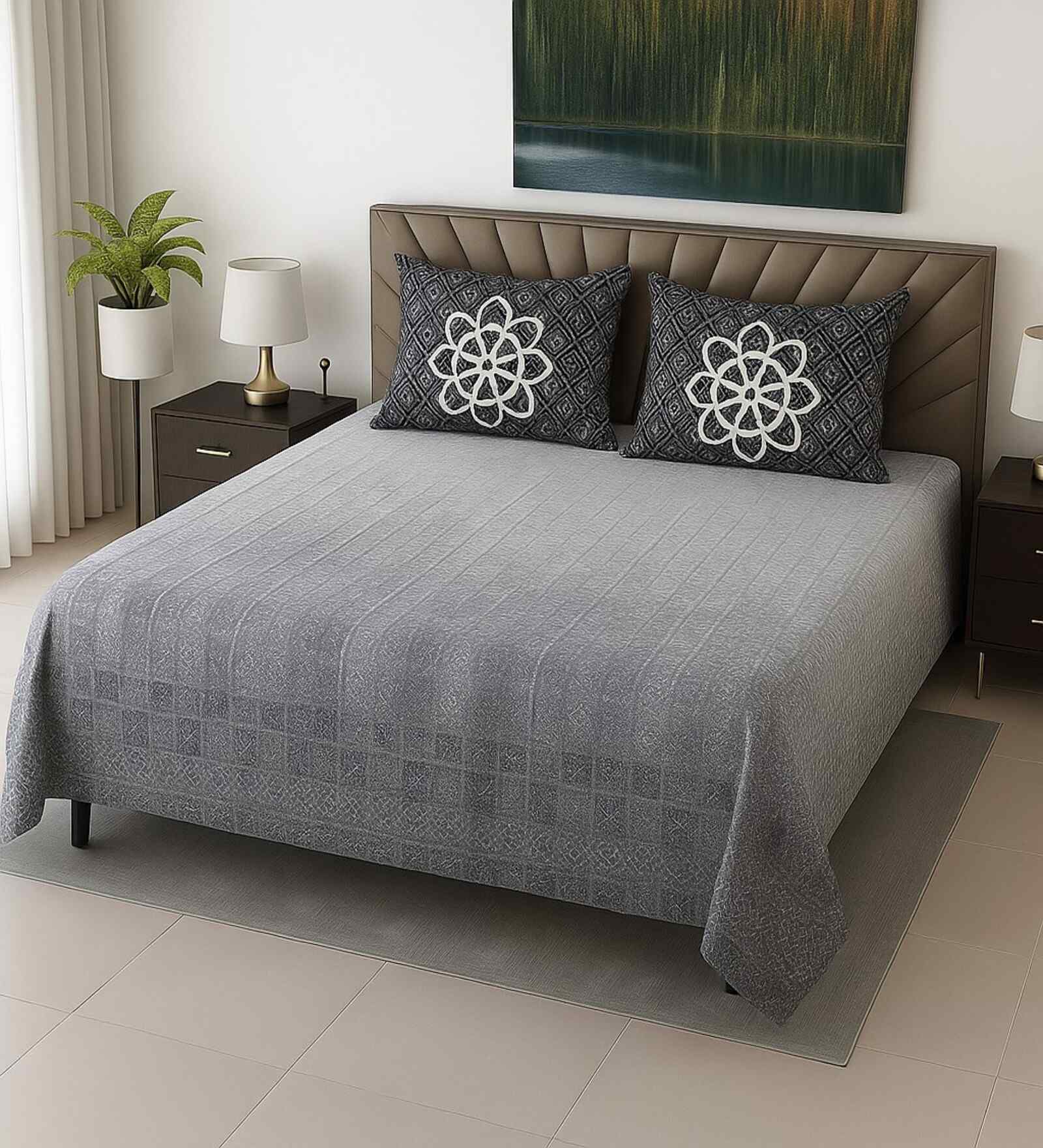 Grey Abstract 400 TC Cotton SuperKing Sized Double Bedsheet with 2 Pillow Covers Luxury Series Collection