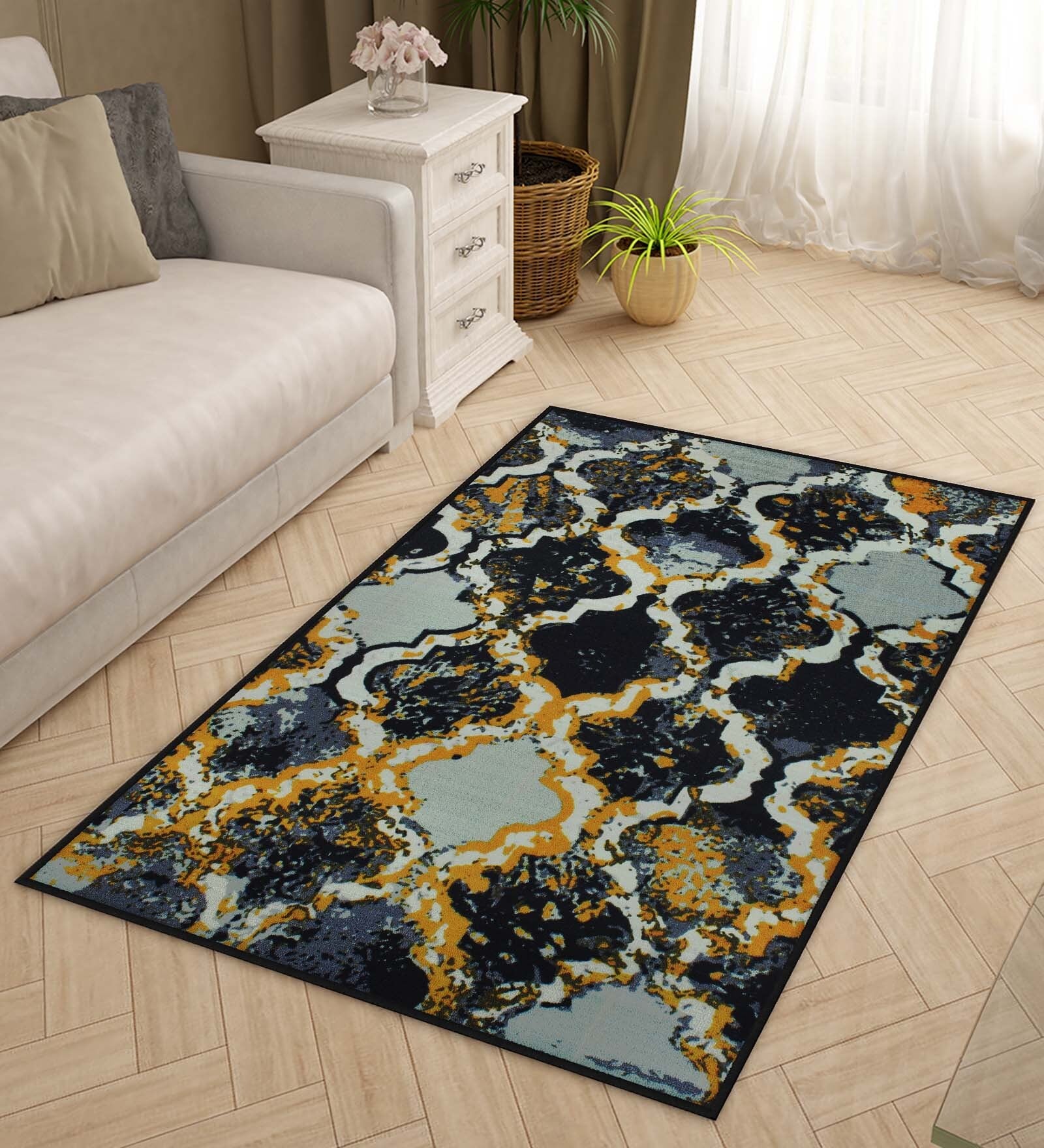 Grey Abstract Polyester 3 ft x 5 ft Machine Made Carpet