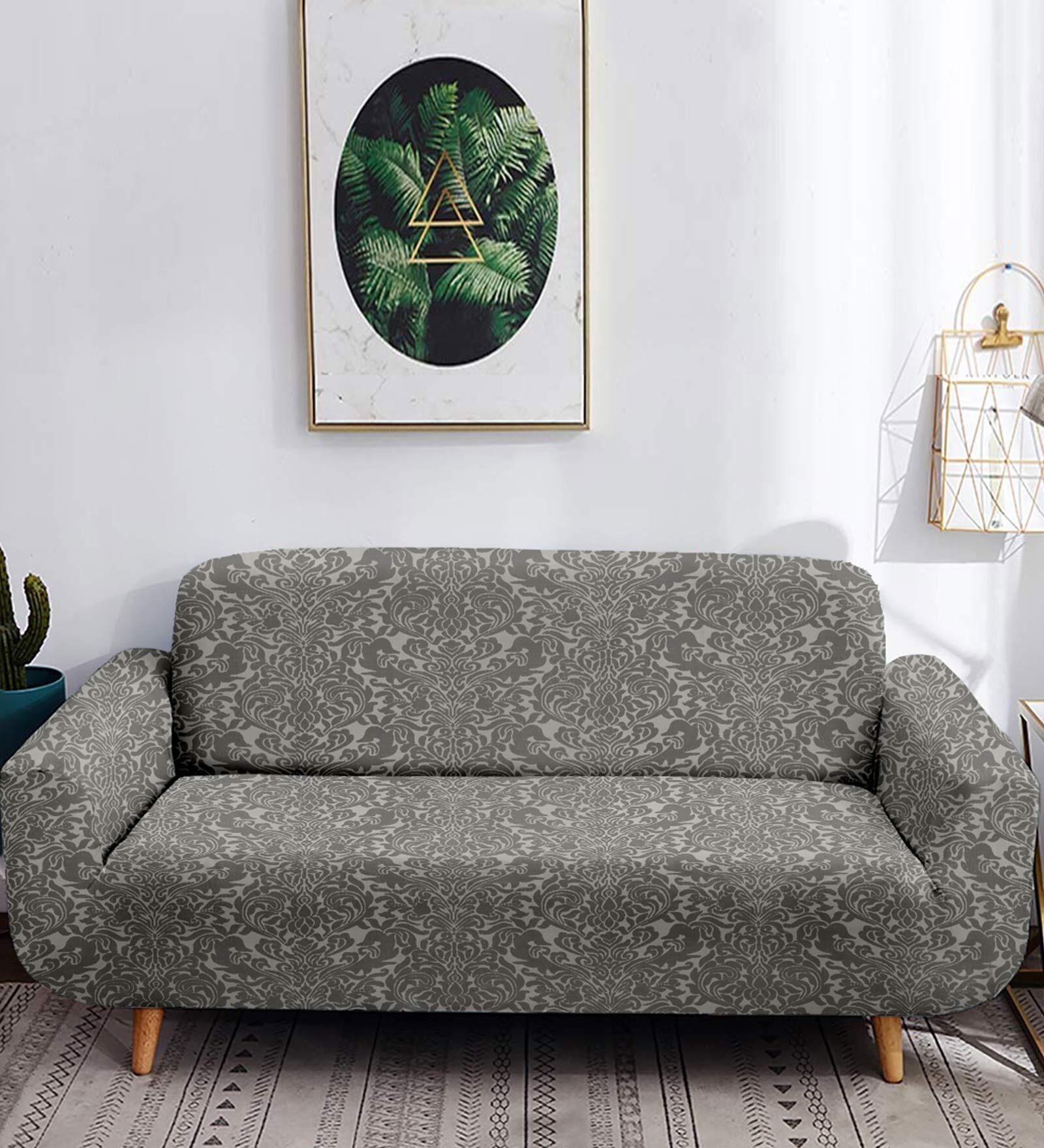 Grey Abstract Polyester 91 x 73 Inches 3 Seater Sofa Cover