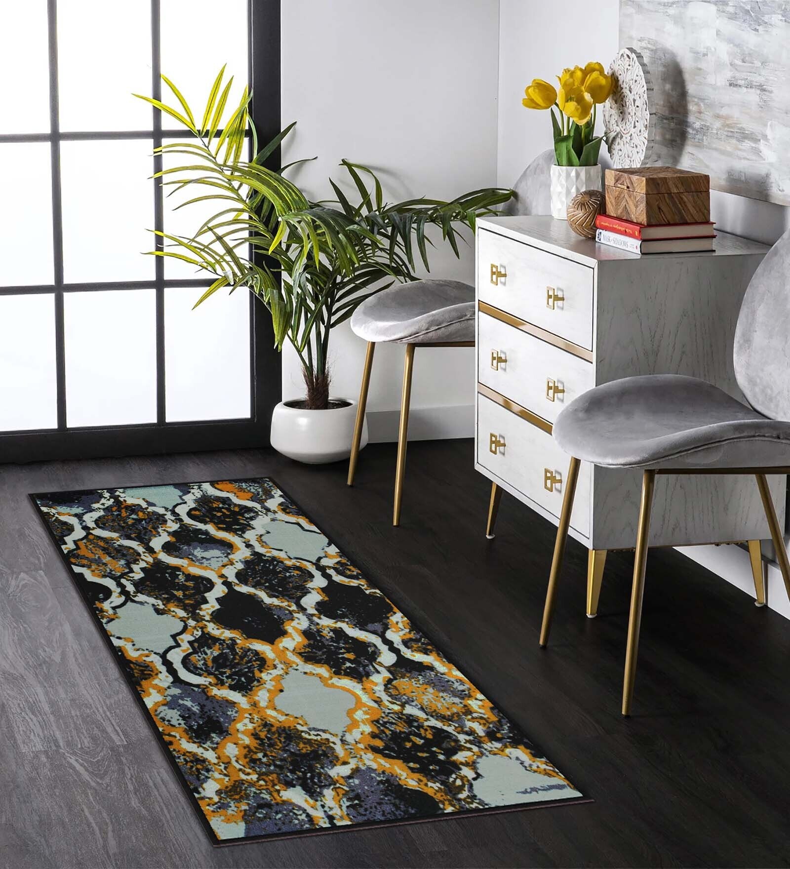 Grey Abstract Polyester 5 ft x 2 ft Machine Made Runner