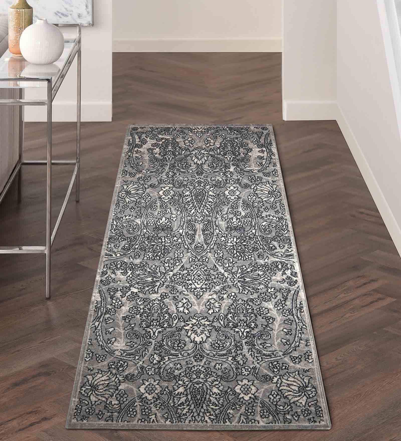 Grey Abstract Polyester 59x24 Inches Machine Made Floor Runner