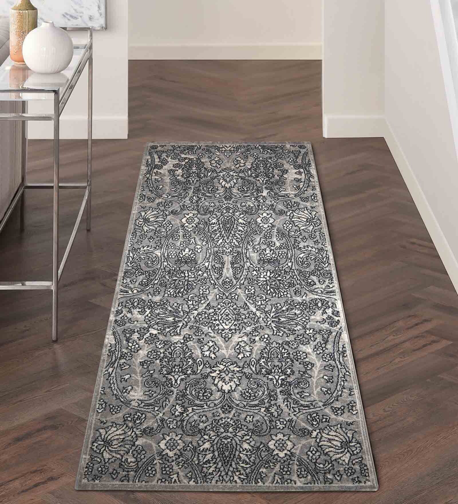 Grey Abstract Polyester 59x32 Inches Machine Made Floor Runner