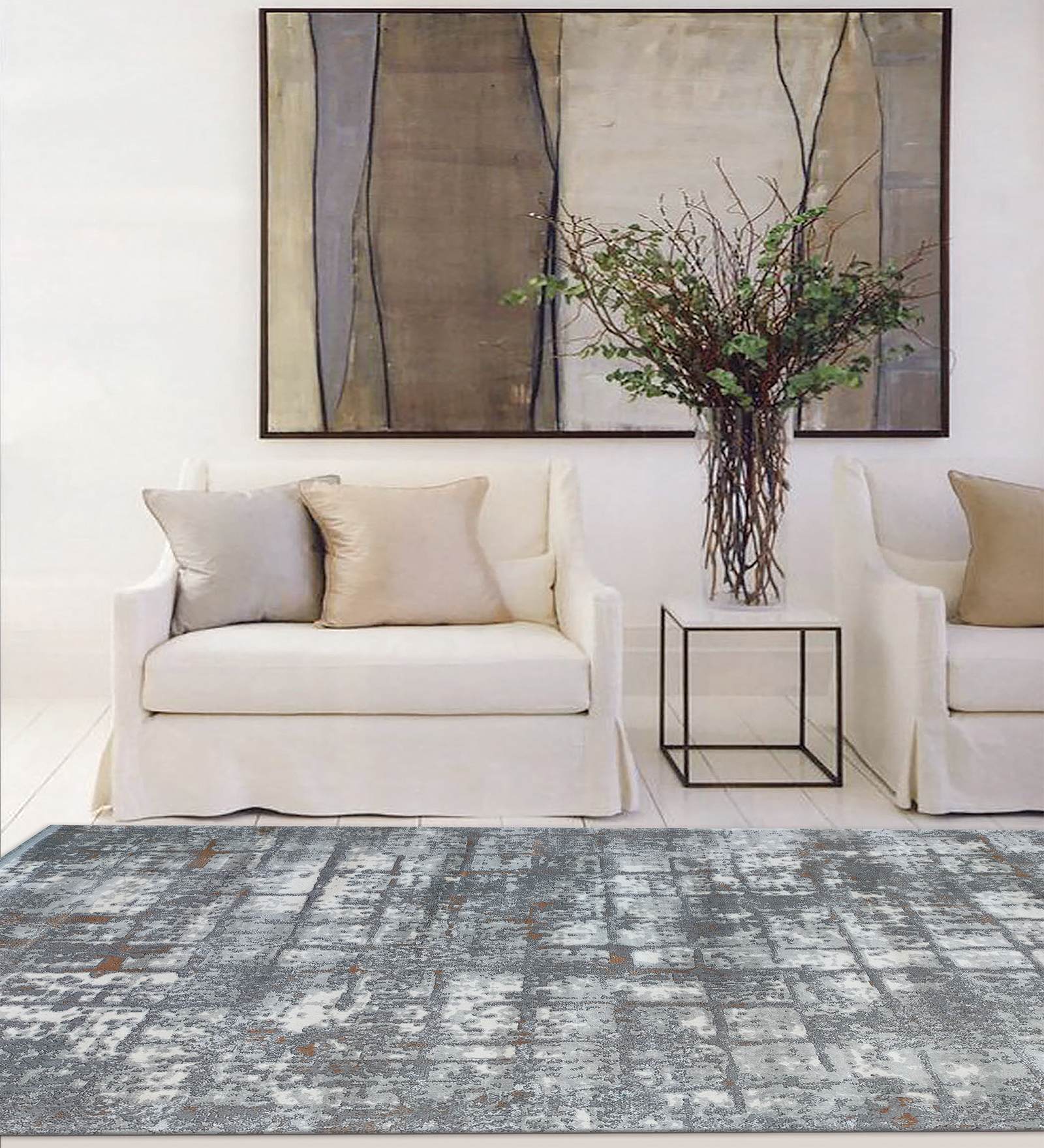Grey Abstract Polypropylene 5 ft x 7 ft Machine Made Carpet