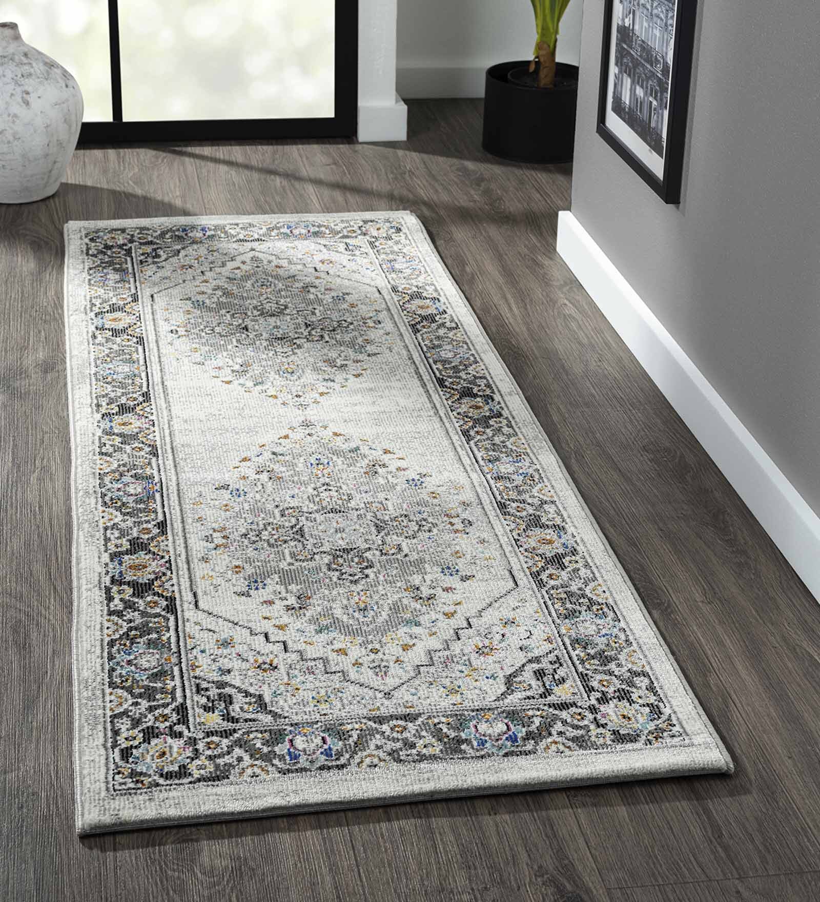 Grey Abstract Polypropylene 59x24 Inches Machine Made Floor Runner