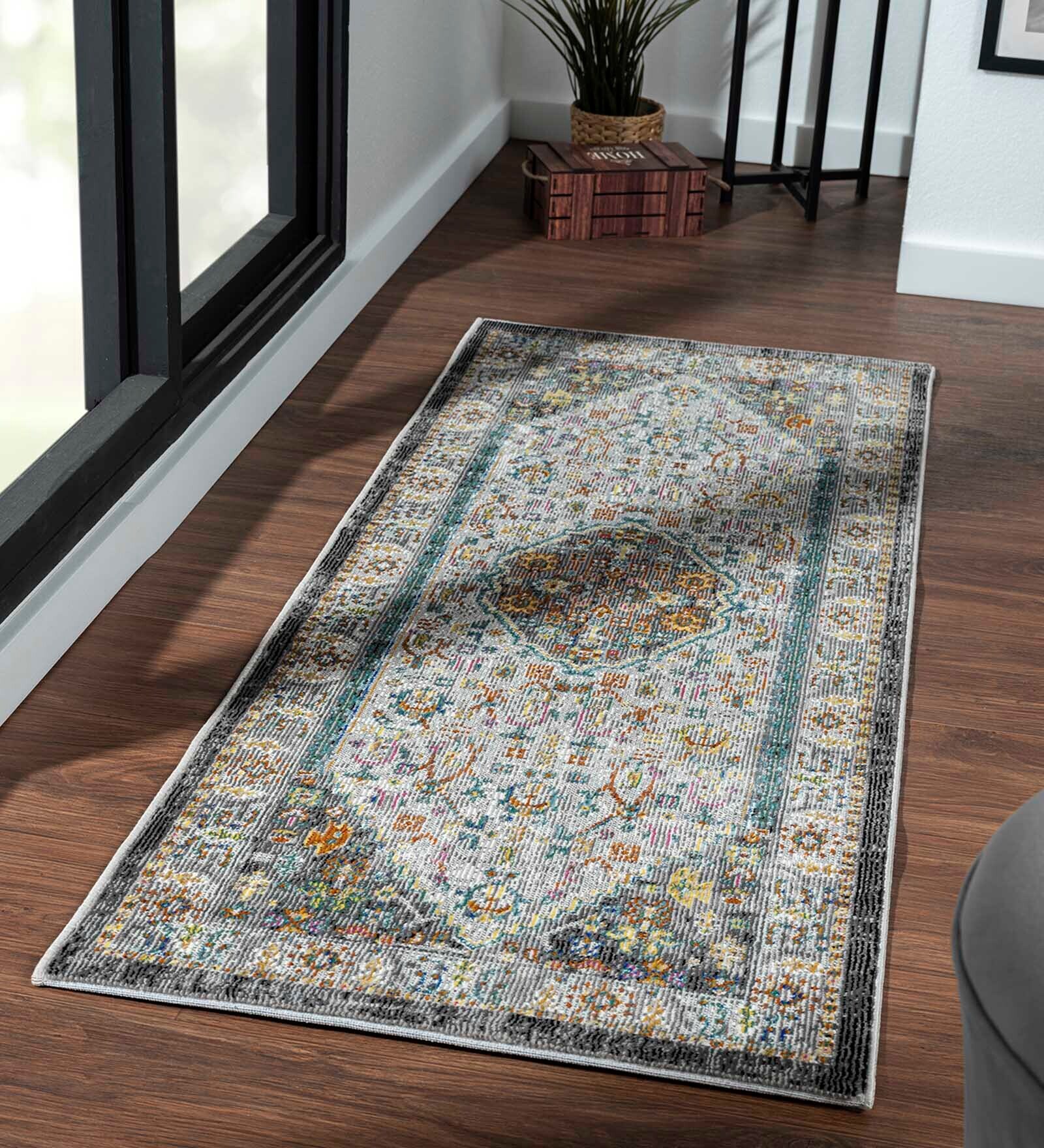 Buy Grey Abstract Polypropylene 59x32 Inches Machine Made Floor Runner ...