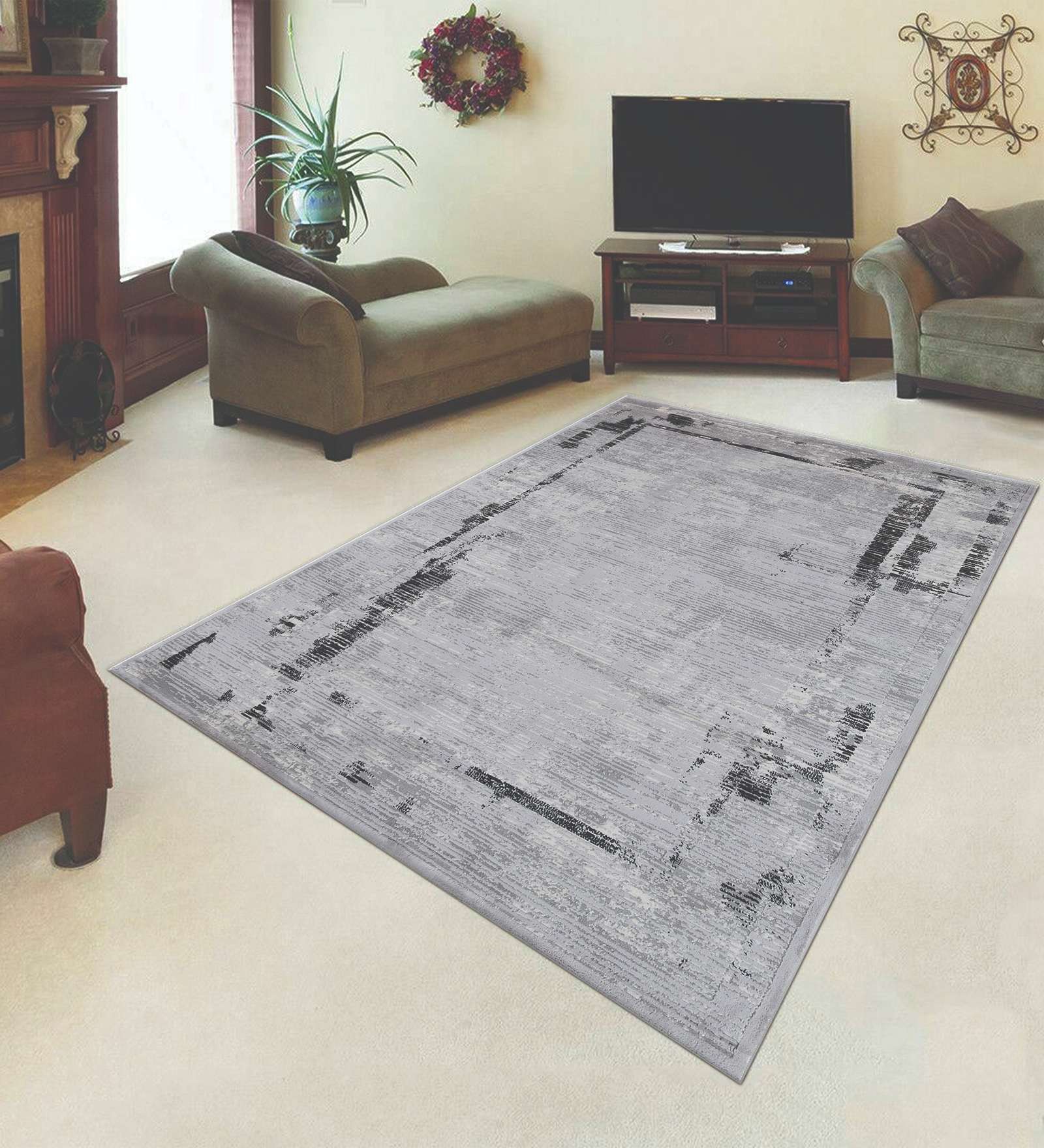 Grey Abstract Polypropylene 6 ft x 9 ft Machine Made Carpet