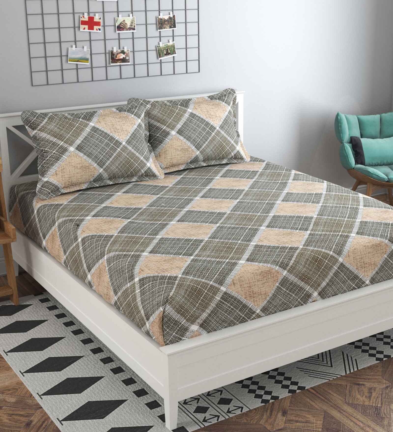 Buy Grey Checkered 160 TC Cotton Blend Queen Sized Bed Sheets with 2