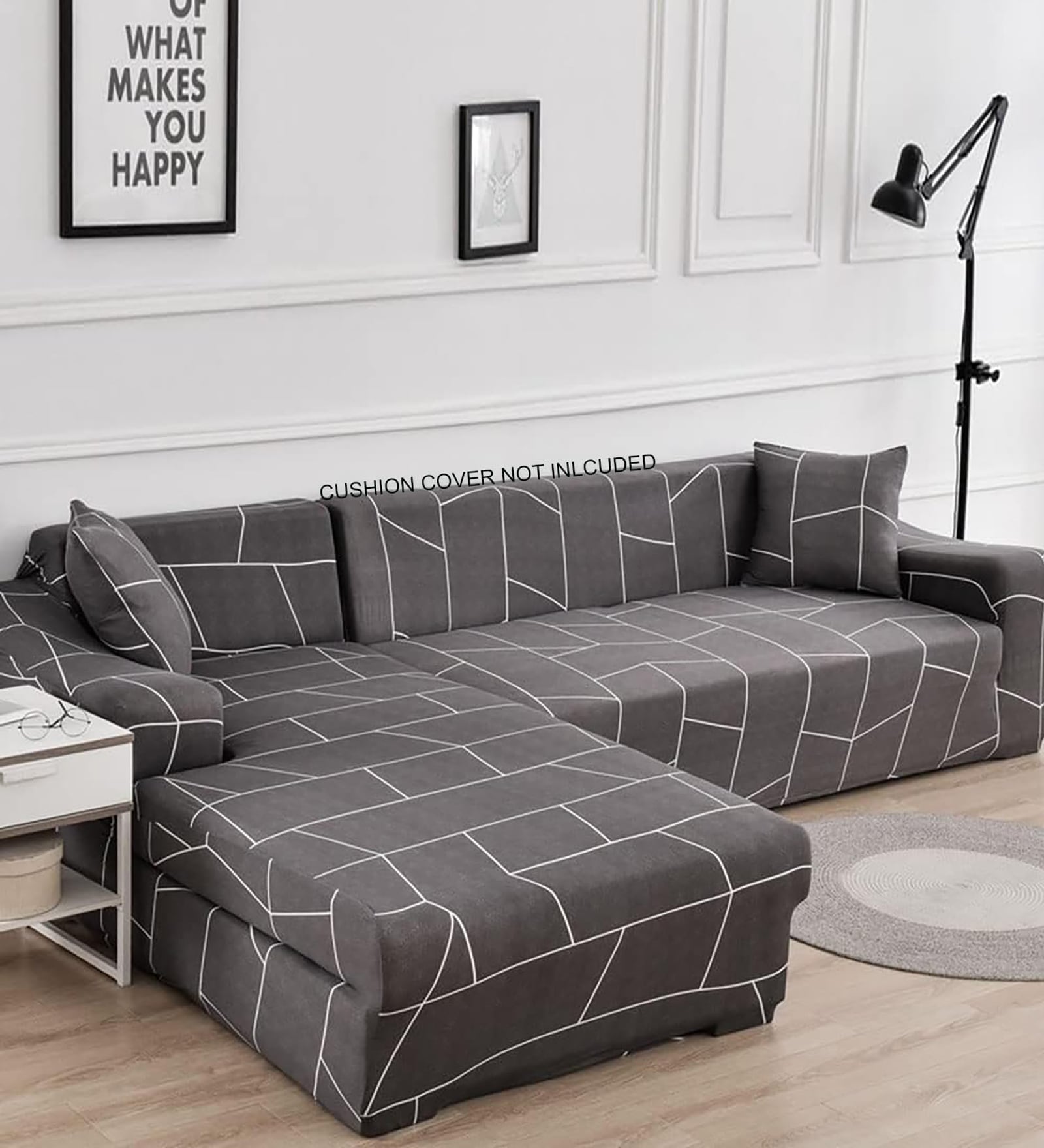 Grey Geometric Viscose and Polyester (3 + Lounge) L-Shaped Stretchable Chaise Sofa Covers