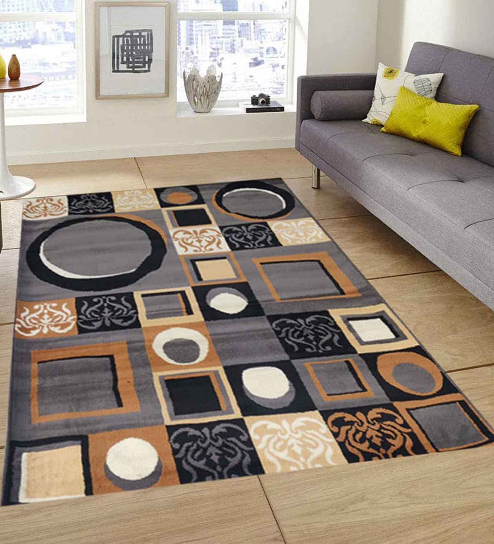 Buy Grey Geometric Acrylic 8 ft x 10 ft Machine Made Carpet by Rida ...