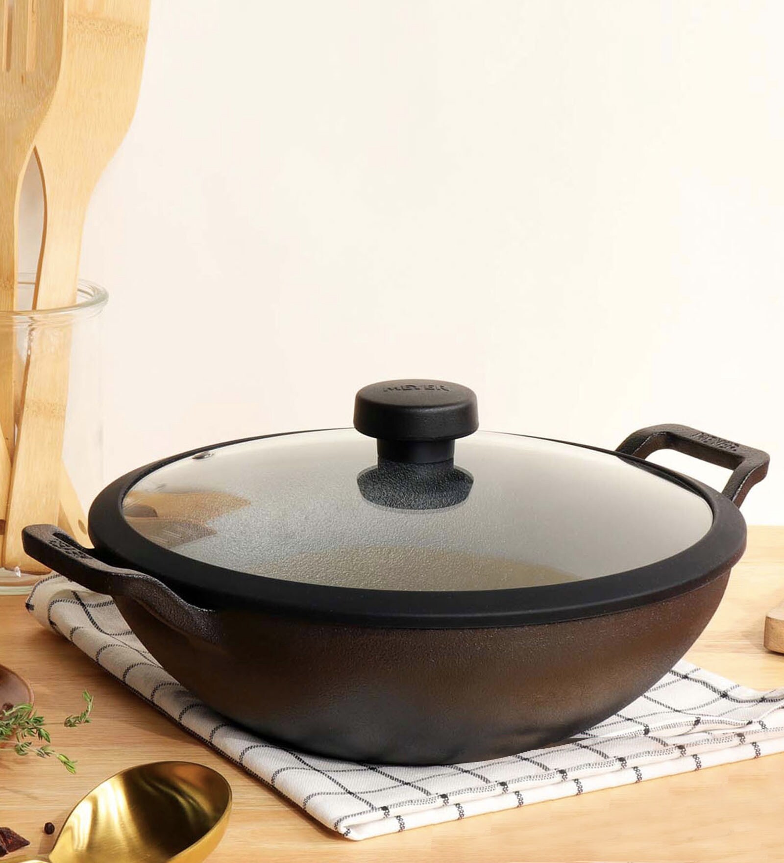 Pre Seasoned 11.8 Inch Non- Stick Black Cast Iron Kadhai with Lid
