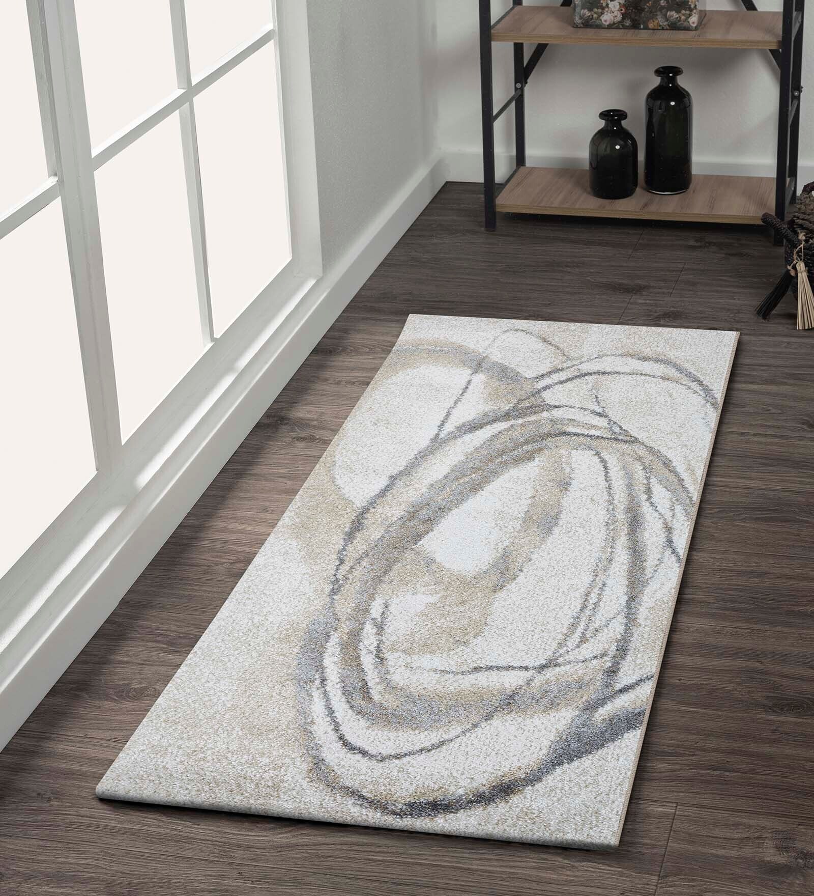 Grey and Beige Abstract Polypropylene 5 ft x 2.5 ft Machine Made Runner