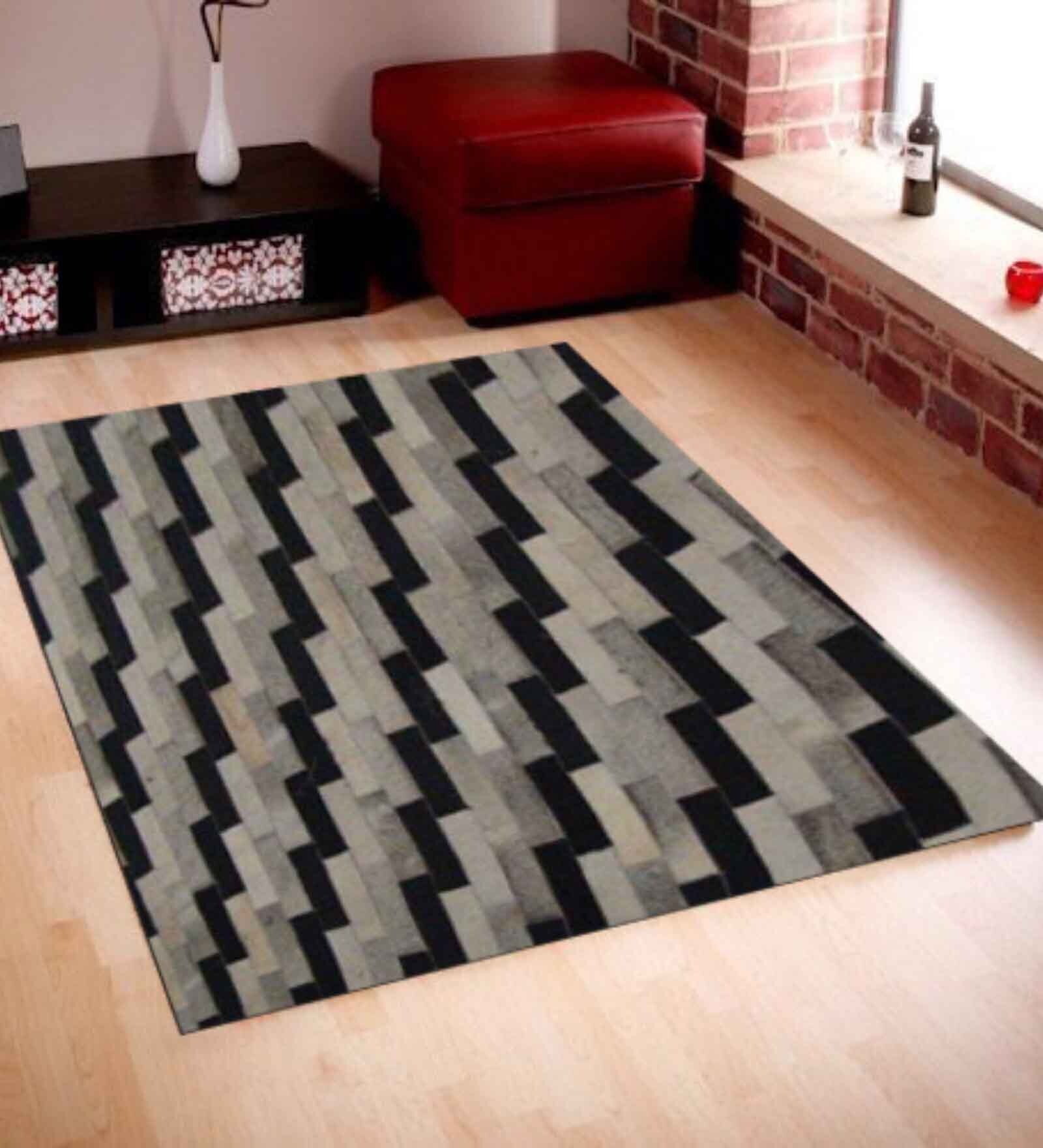 Grey and Black  Hair On Leather Abstract Hand Woven 4X6ft   Carpet