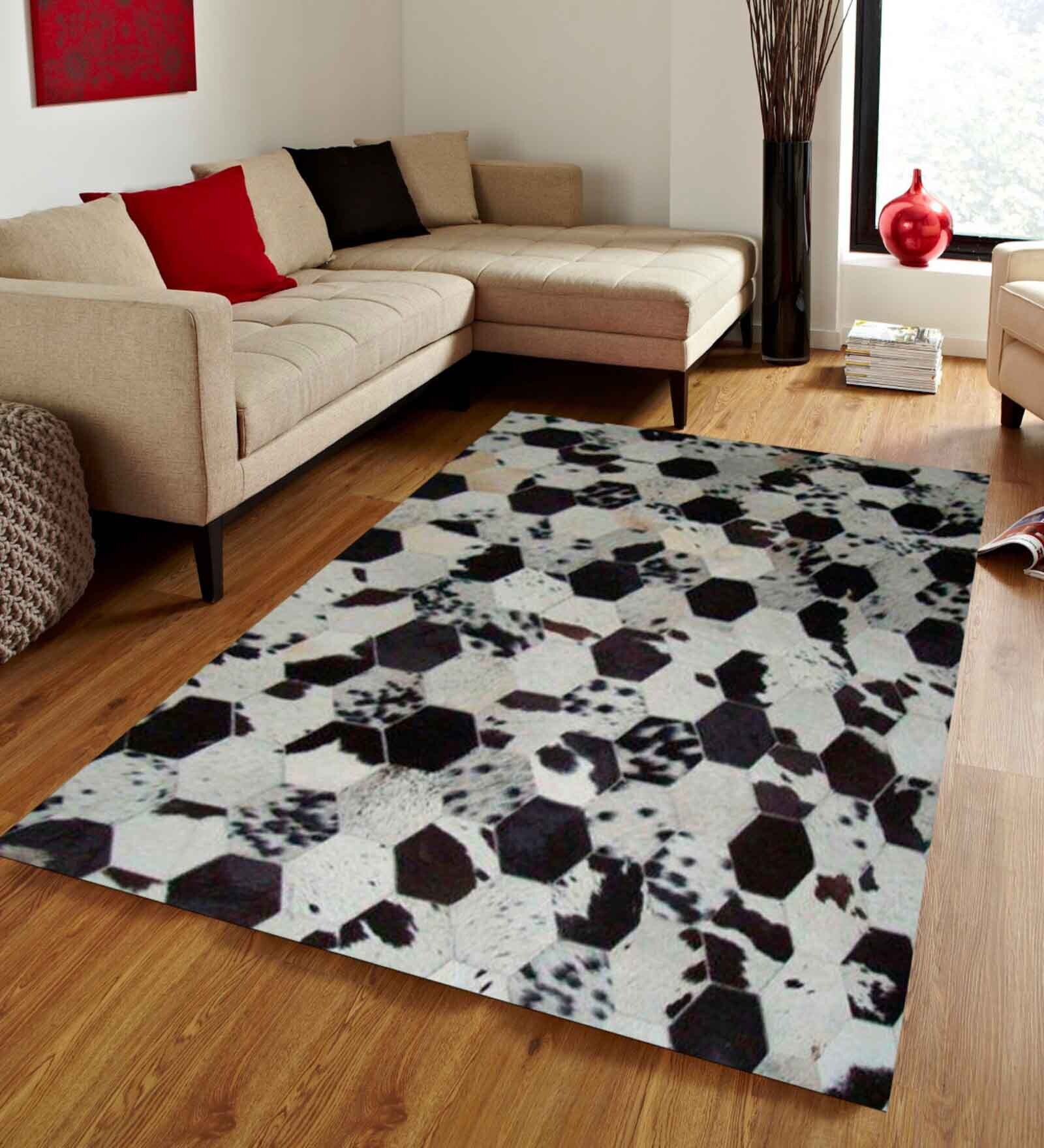 Grey and Black  Hair On Leather Geometrical Hand Woven 3ftX5ft Carpet