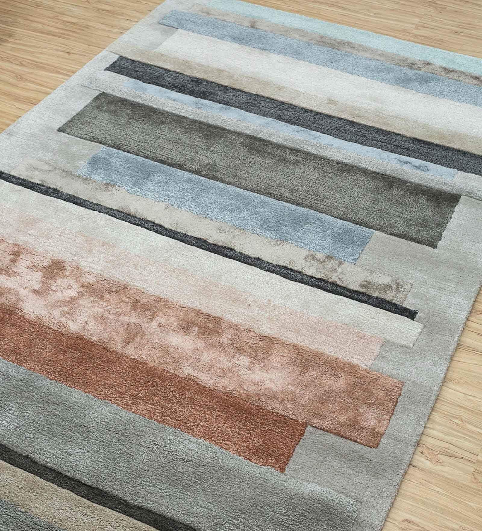 Grey Striped Wool 5 ft x 7 ft Hand Tufted Carpet