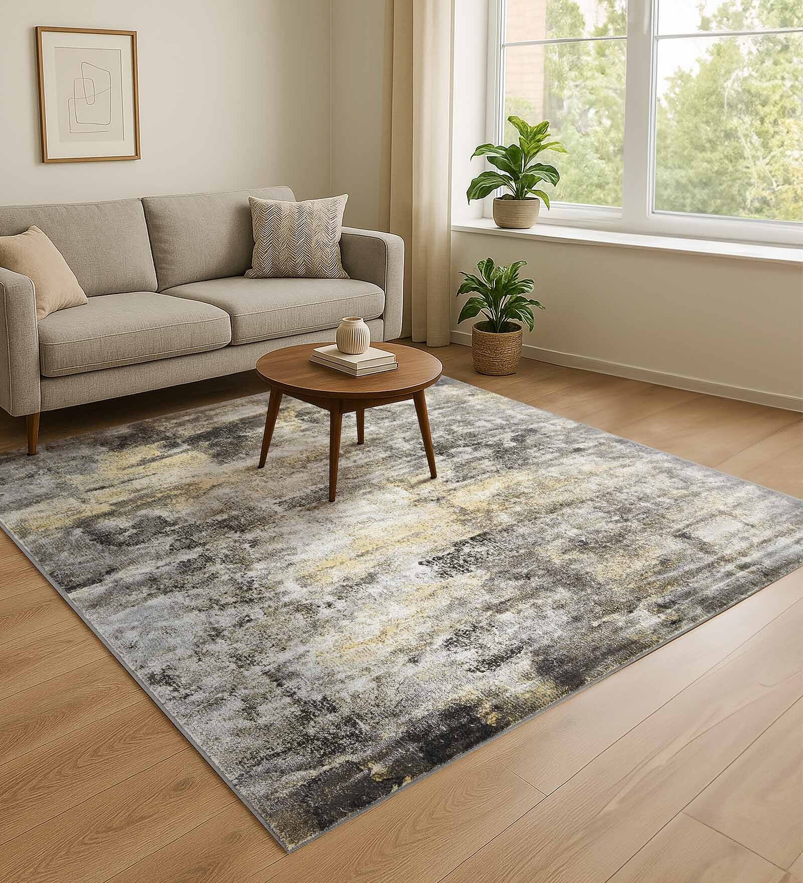 Grey and Cream Abstract 3x5 Feet Machine Made Carpet