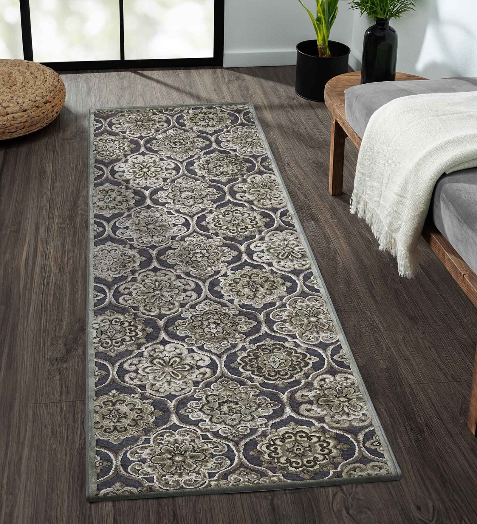 Grey and Cream Neo Persian 2x3 Feet Machine Made Runner