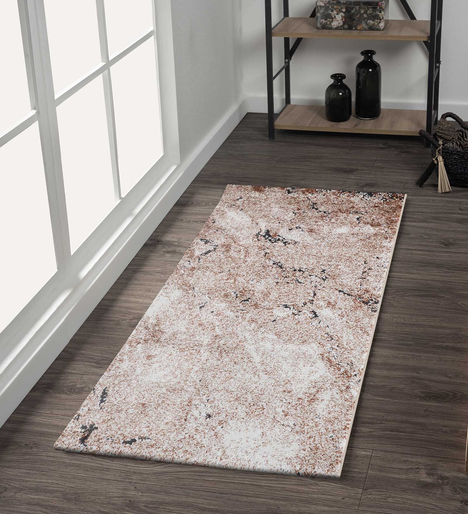 Grey and Orange Abstract Polypropylene 5 ft x 2.5 ft Machine Made Runner
