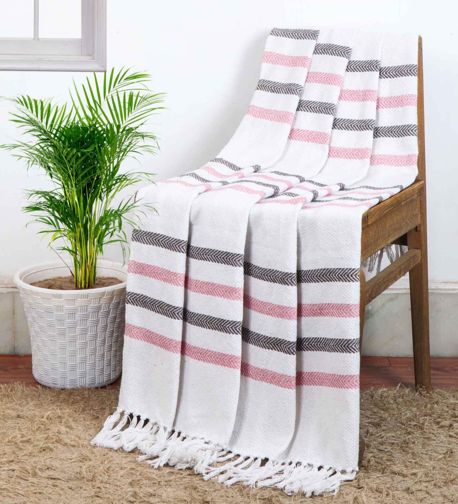 Grey And Pink Cotton And Chenille Stripped 49X60 Inches Throw