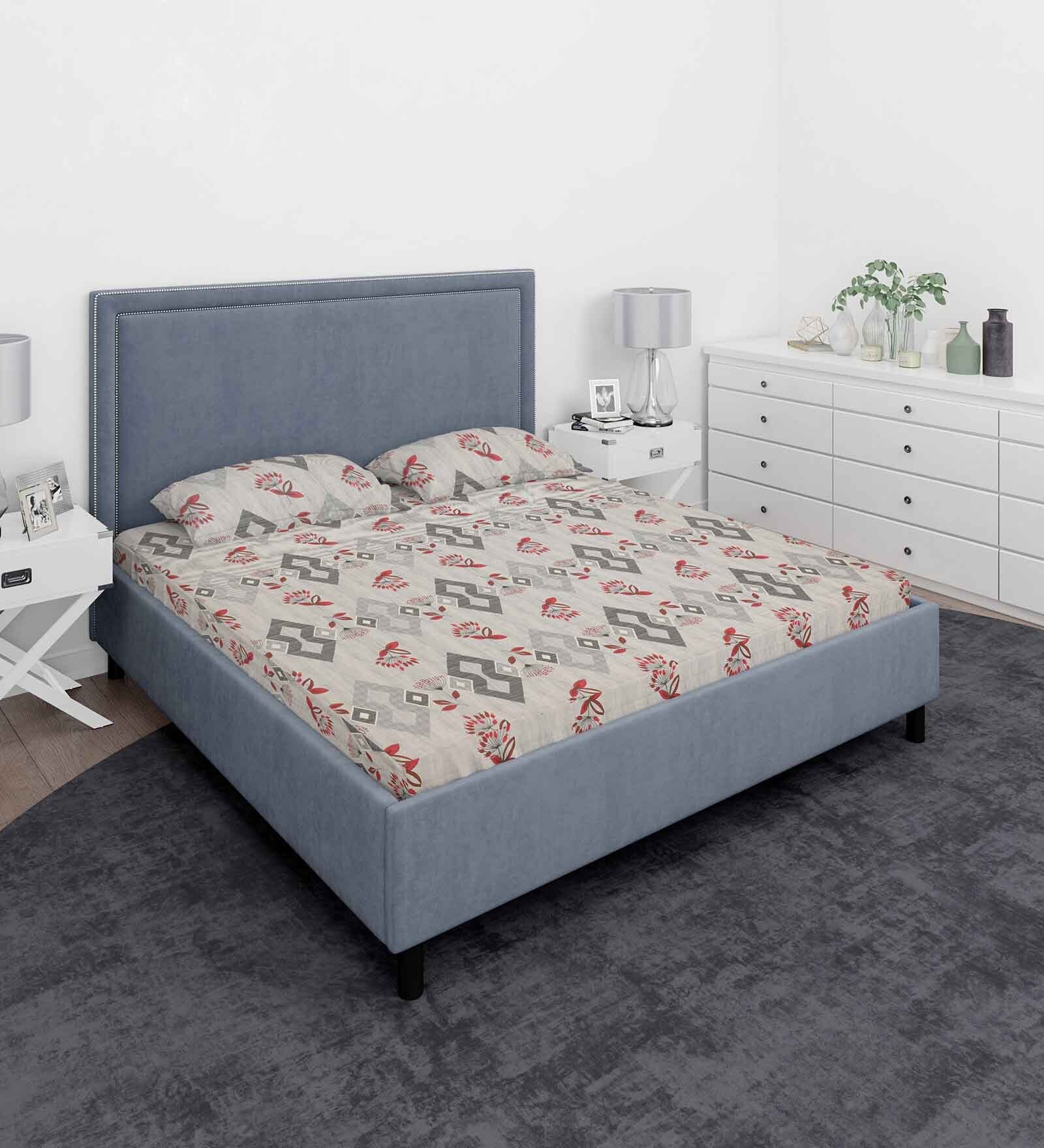 Grey And Red Abstract 210 TC Cotton Queen Sized 1 Double Bedsheet 2 Pillow Covers