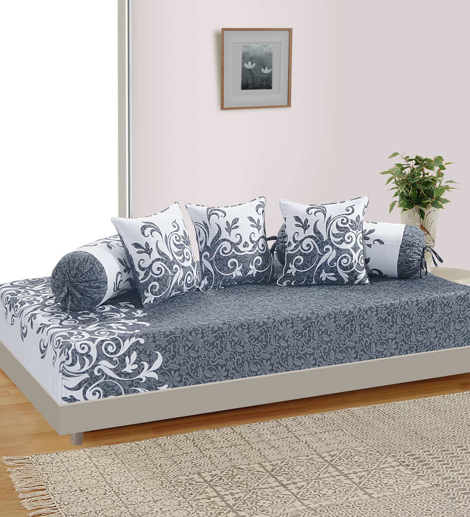 Buy Grey and White Floral Diwan Set with Bolster and Cushion Covers