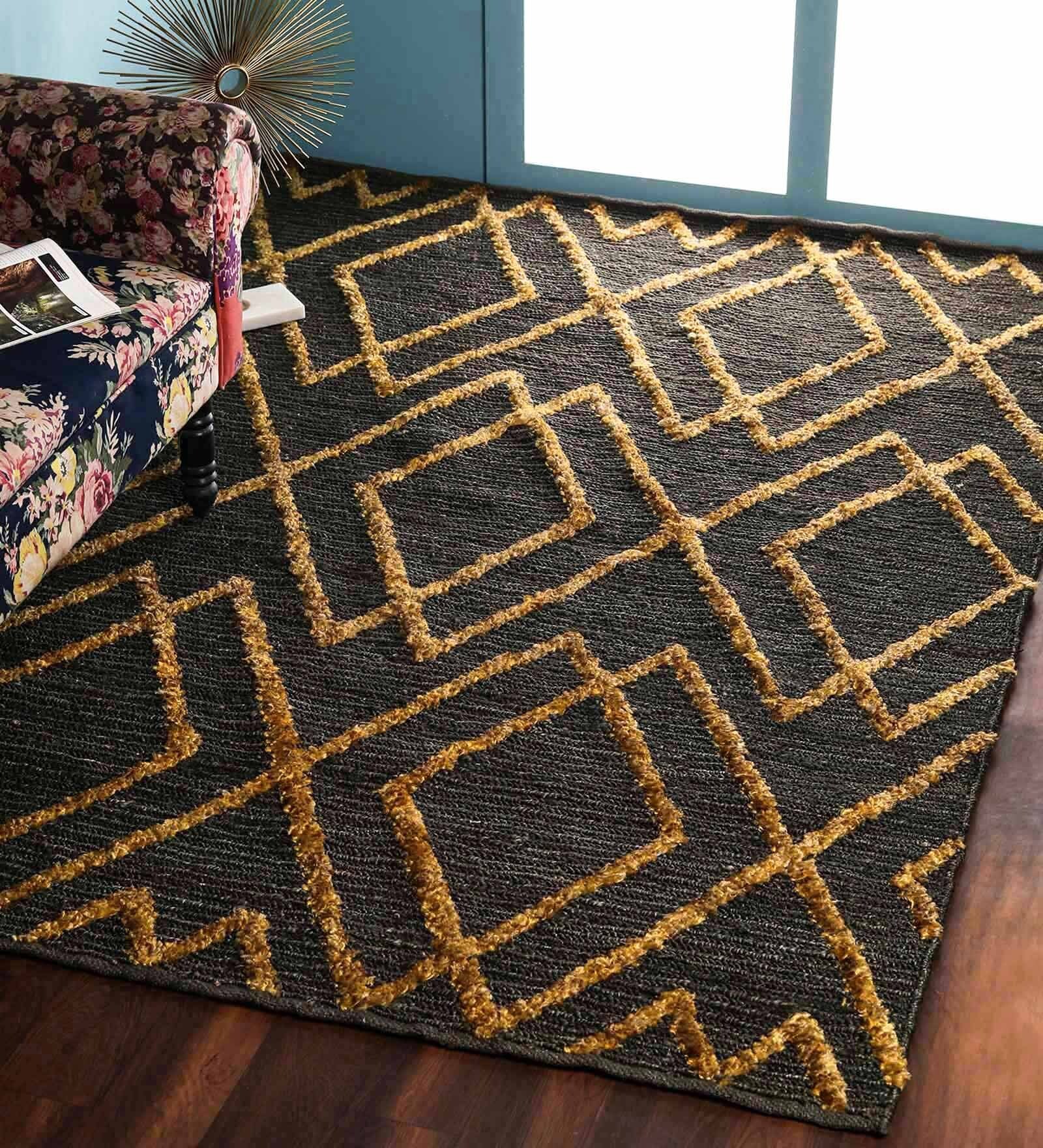 Grey and Yellow Jute Geometric Hand Woven  5x 8 Feet Carpet