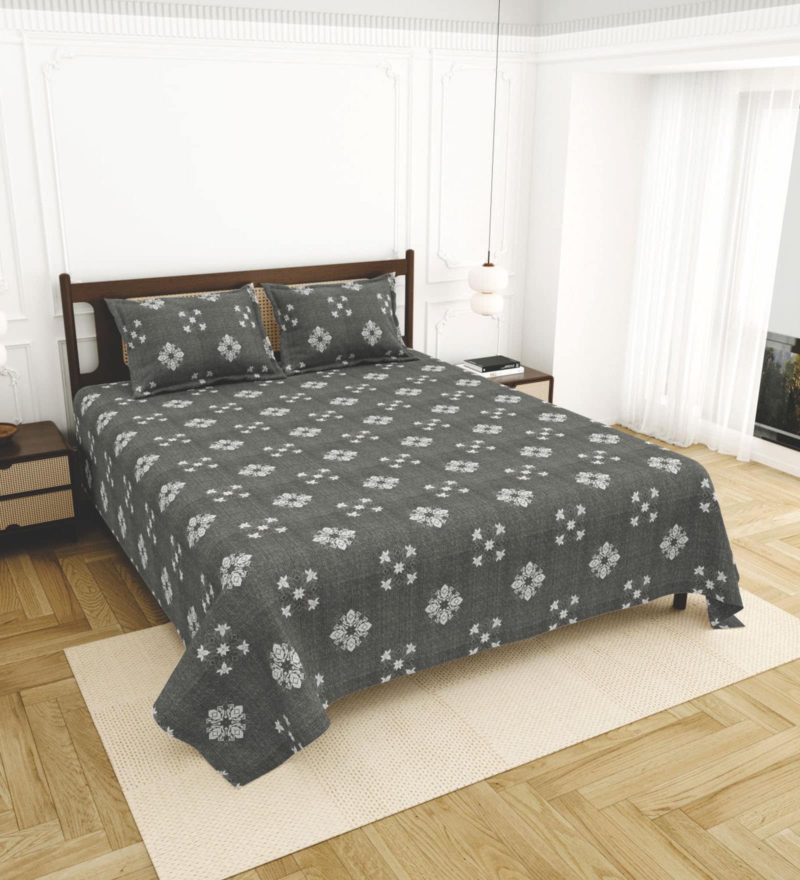 Grey Bedsheet 220 Tc Cotton King Bedsheet With 2 Pillow Covers