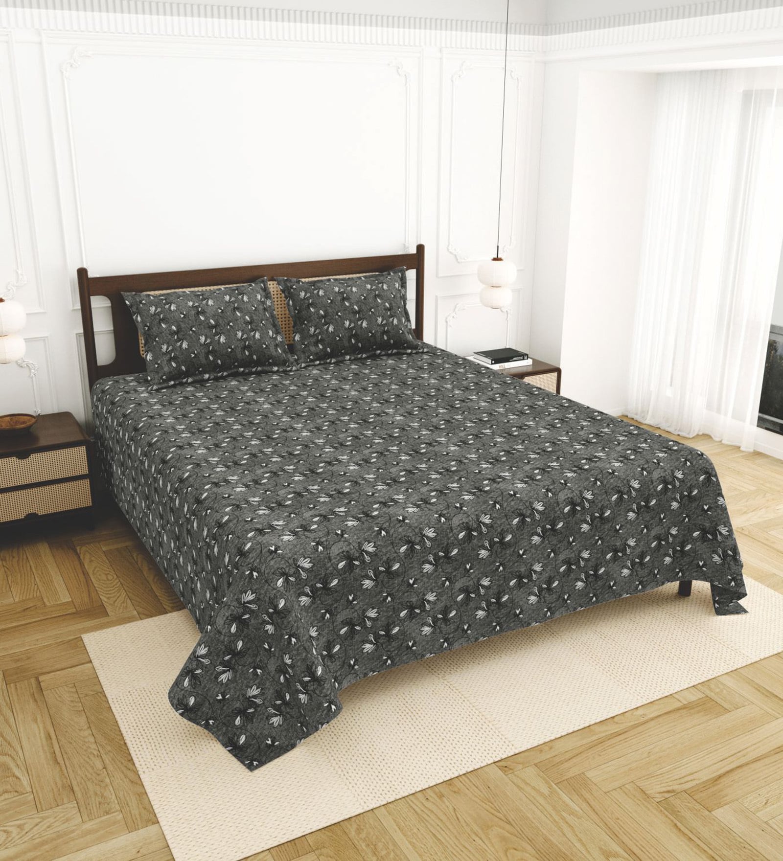 Grey Bedsheet 220 Tc Cotton King Bedsheet With 2 Pillow Covers
