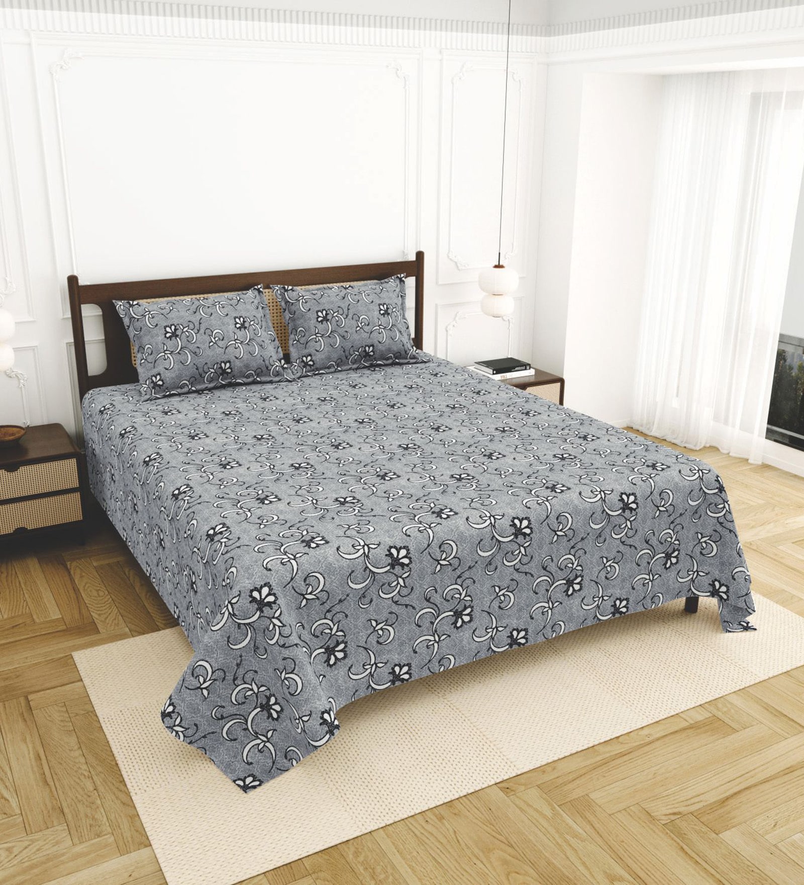 Grey Bedsheet 220 Tc Cotton King Bedsheet With 2 Pillow Covers