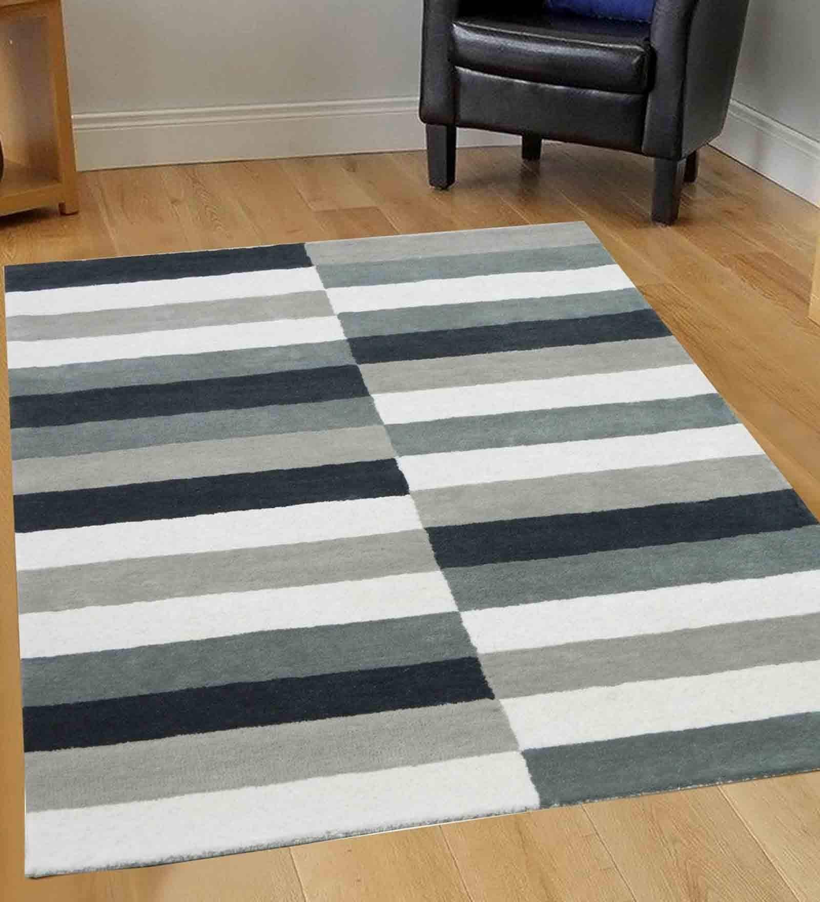 Grey Belgorod Striped Wool 4ft x 6ft Hand Tufted Carpet