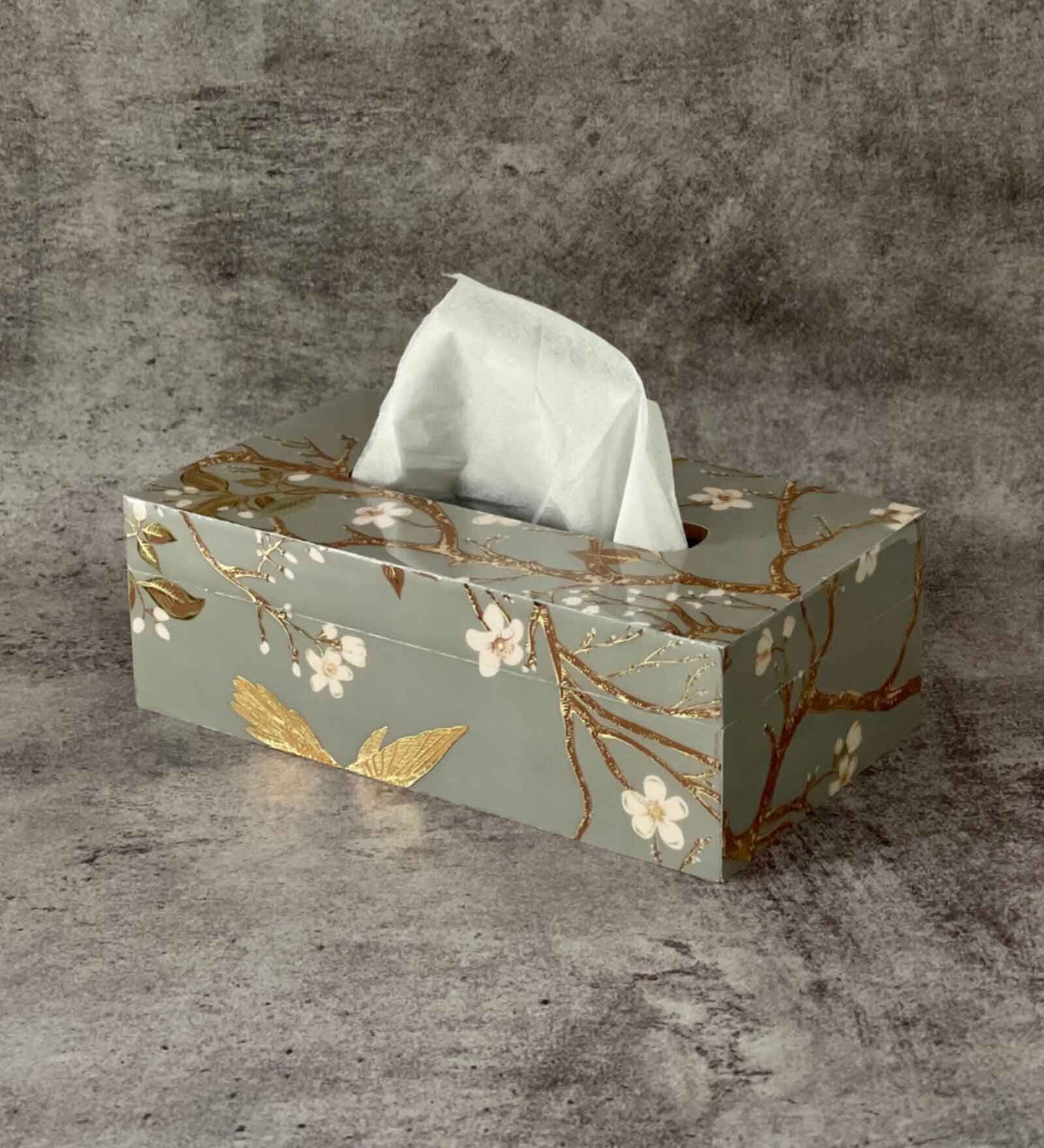 Grey Bird Resin Printed Wooden Tissue Paper Holder Box for Dining Room