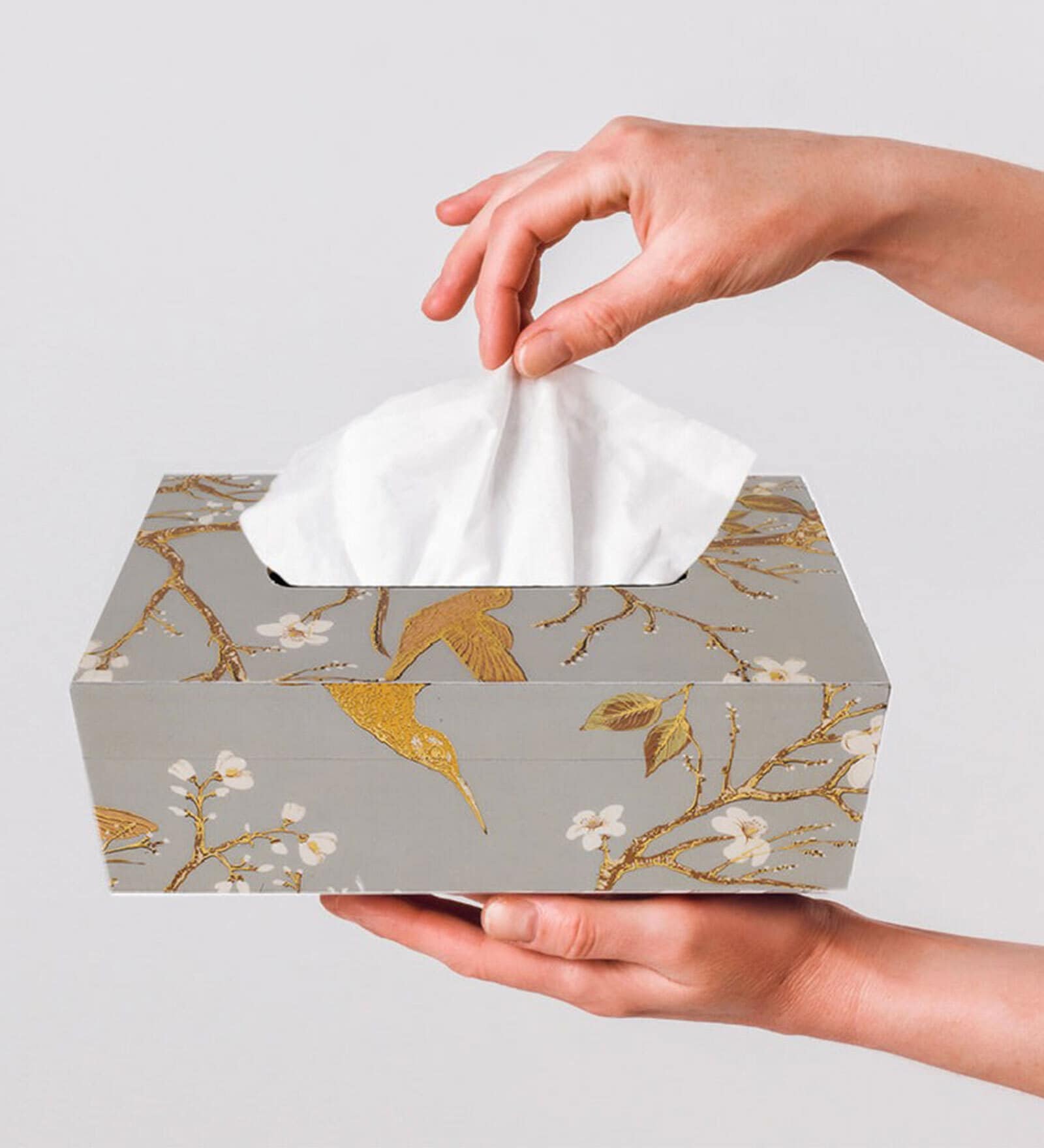 Grey Bird Floral Printed Resin Tissue Box