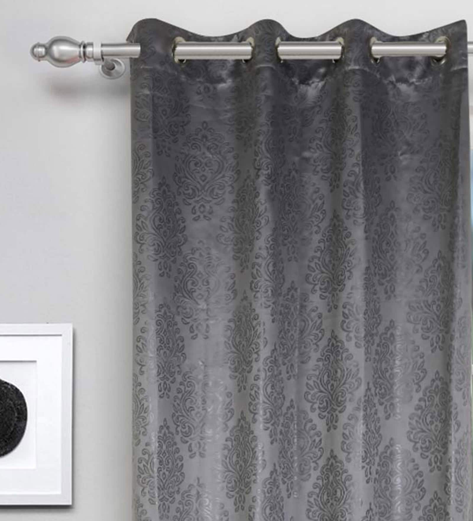 Grey Traditional Faux Silk 8 Ft Blackout Eyelet Door Curtains (Set of 2)