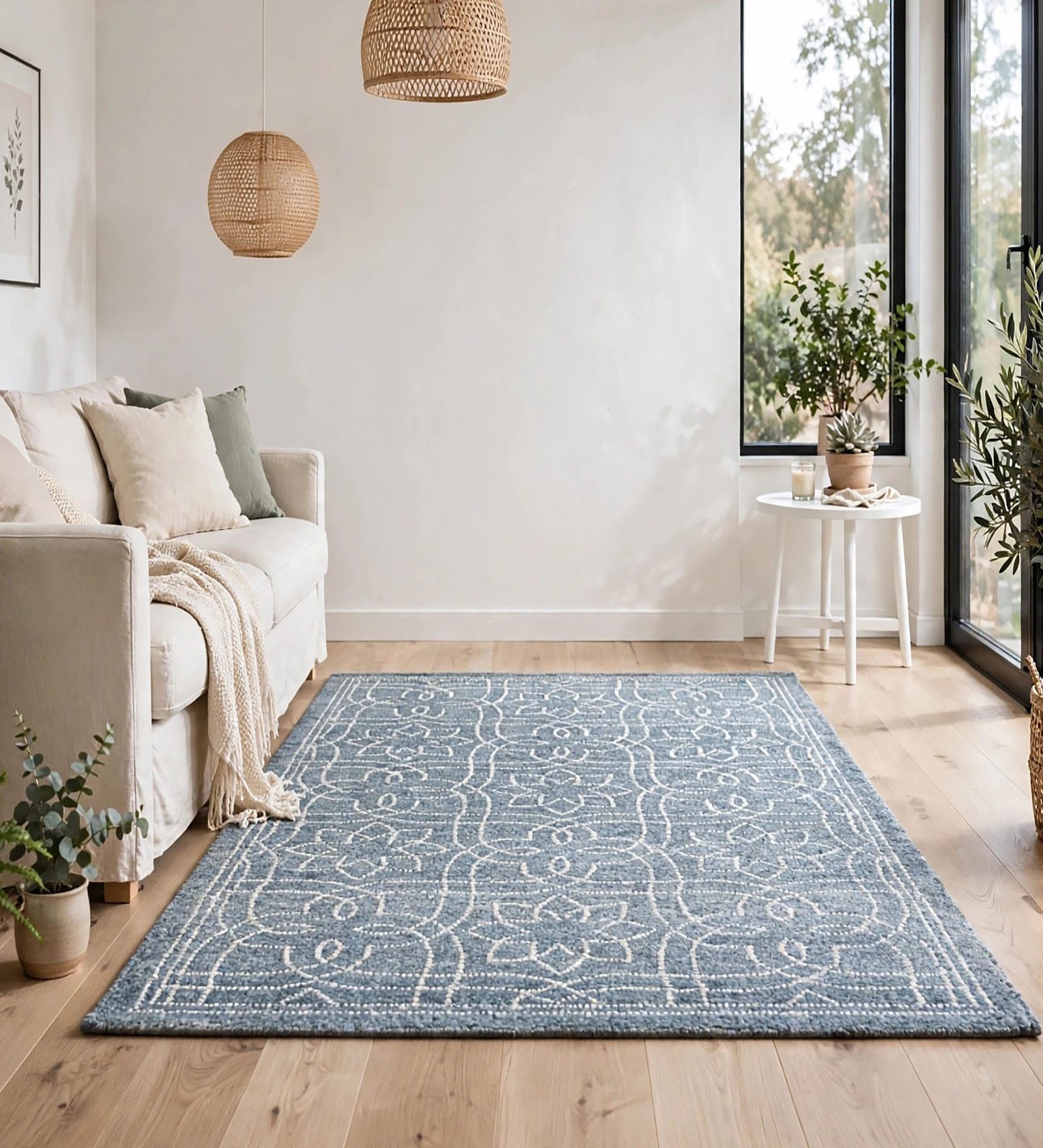 Grey Geometric Wool And Cotton 5 X 8 Ft Hand Tufted Carpet
