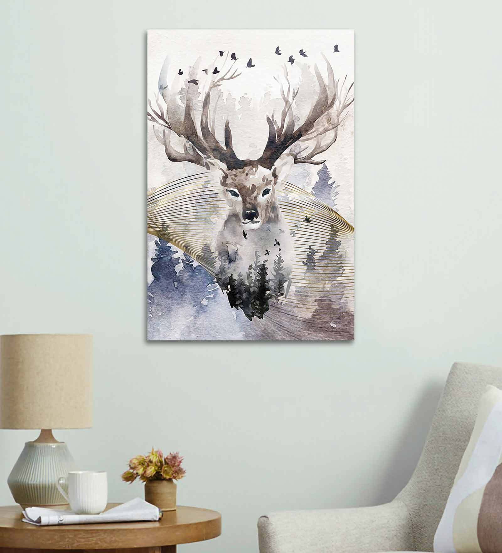 Deer Dreaming Grey Canvas Teakwood And MDF Framed Wildlife Art Print