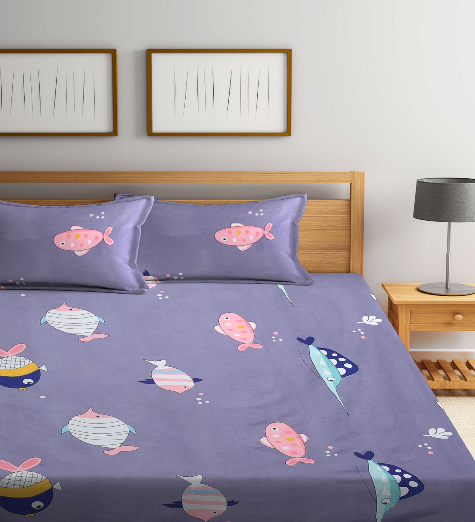 Grey Cartoon 300 TC Cotton Blend Double Bedsheet With 2 Pillow Covers