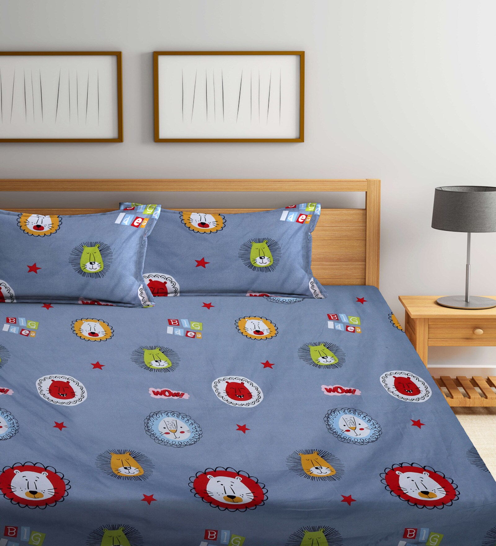Grey Cartoon 300 TC Cotton Blend Double Bedsheet With 2 Pillow Covers