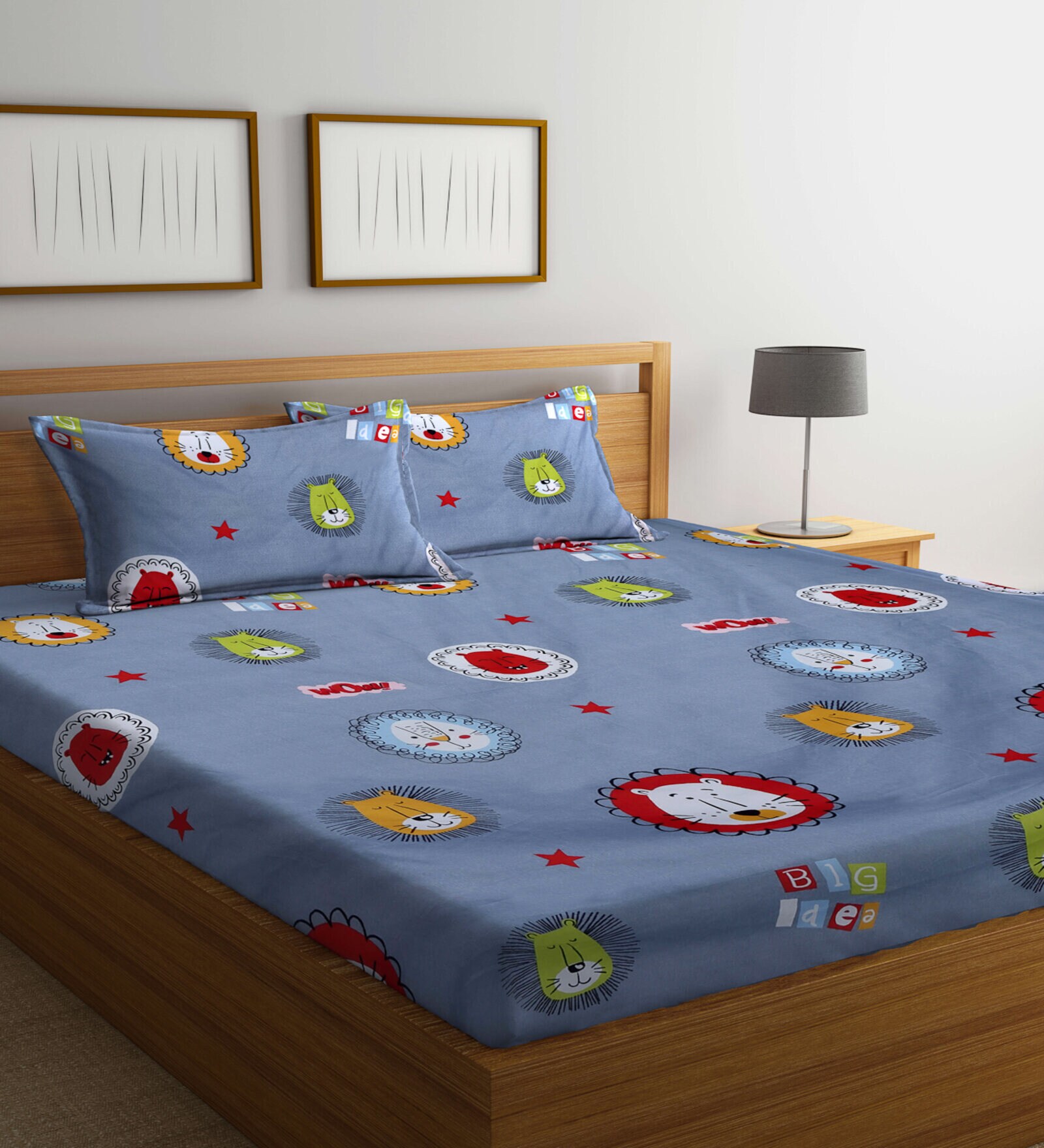 Grey Cartoon Printed 300 TC Cotton Blend Kids Double Bedsheet With 2 Pillow Covers