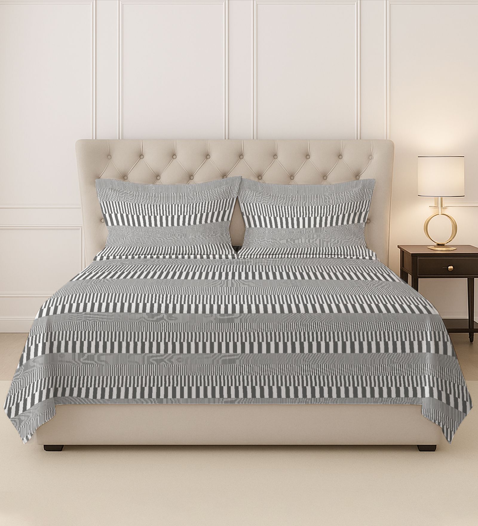 Grey Cascade Stripe Printed 400 TC Cotton Super King Sized Bedsheet with 2 Pillow Covers