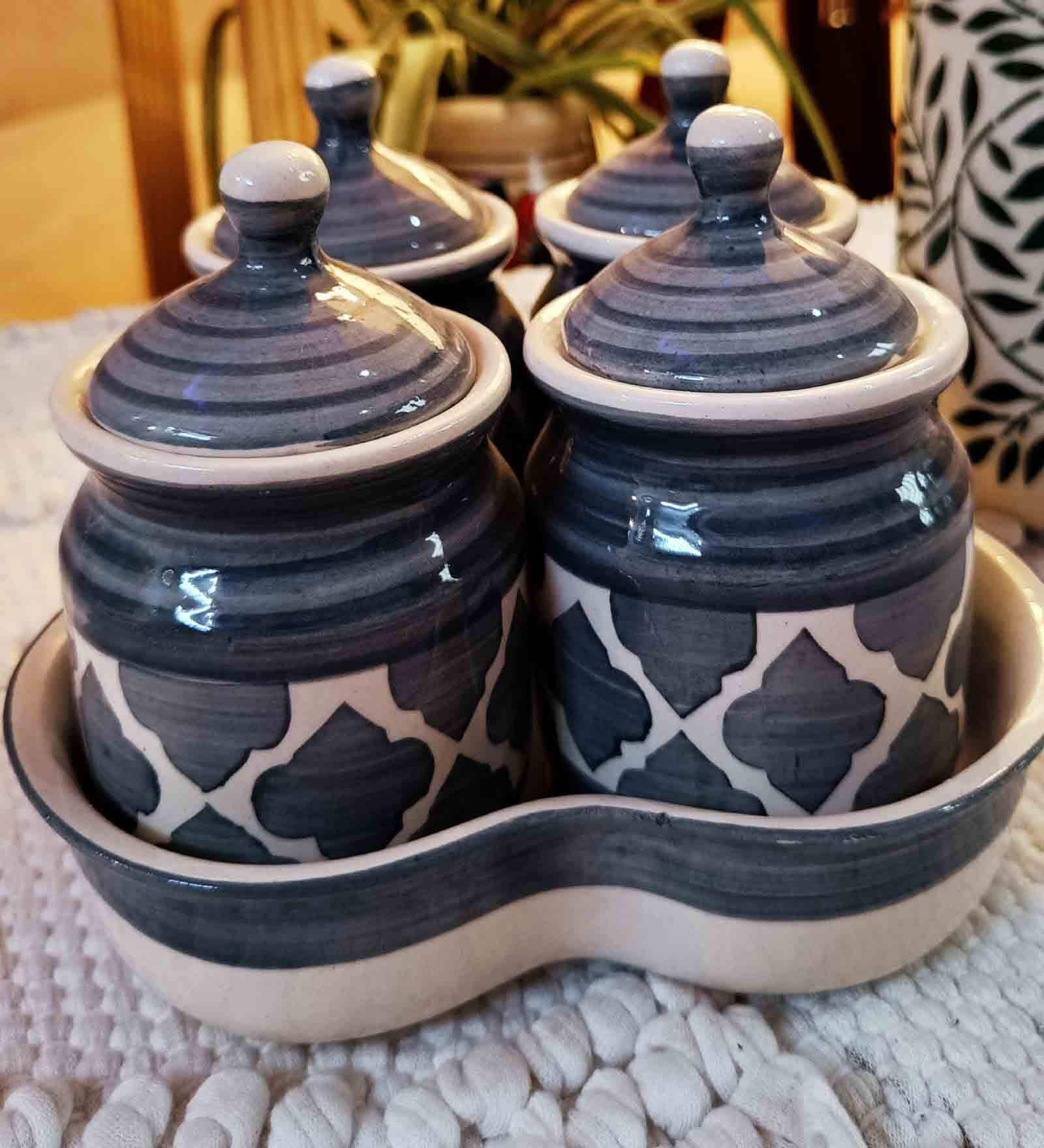 Grey Ceramic  300 ml 4 Pcs Condiments Jars with Tray