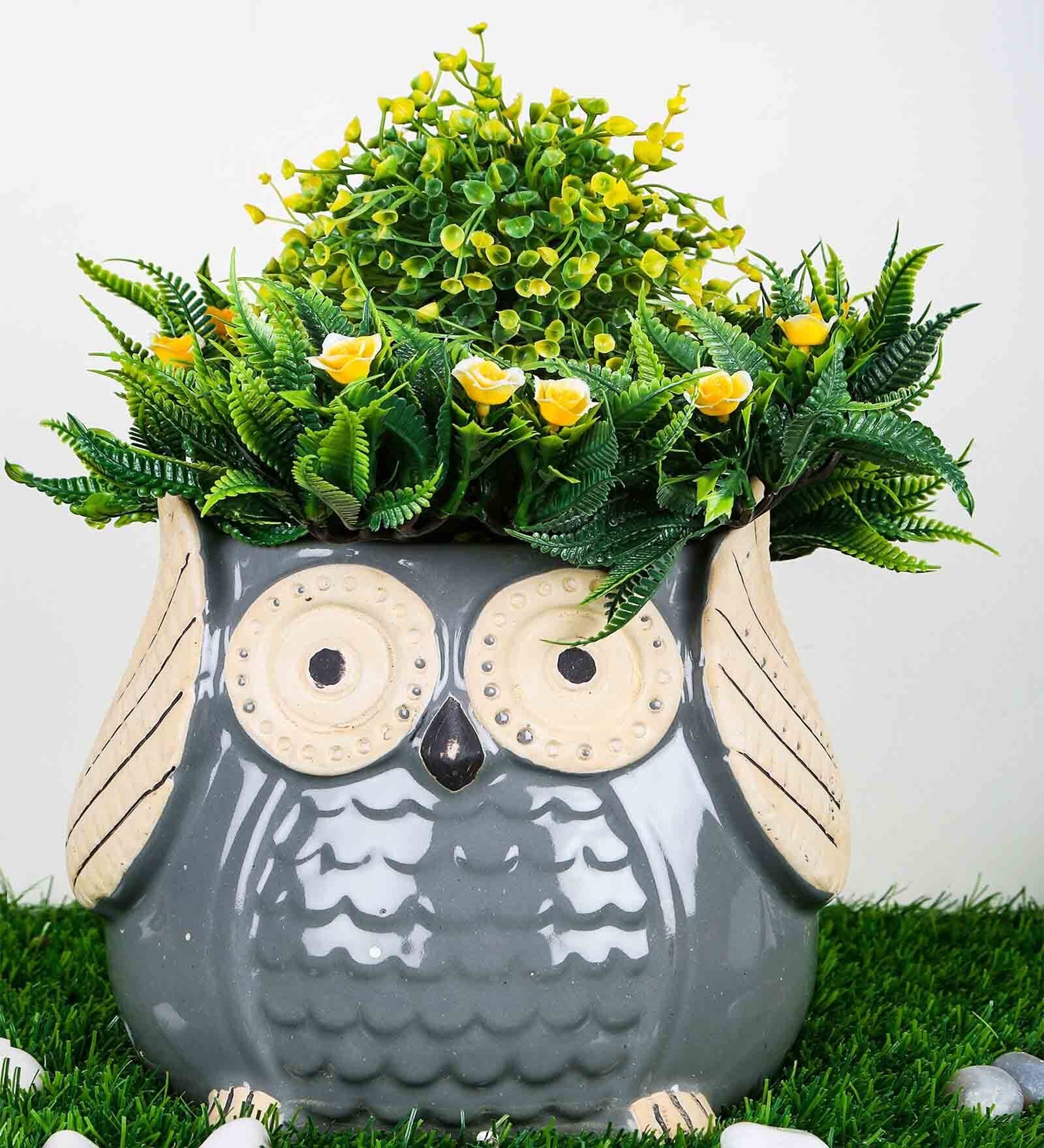 Grey Ceramic Owl Shape Medium Planter