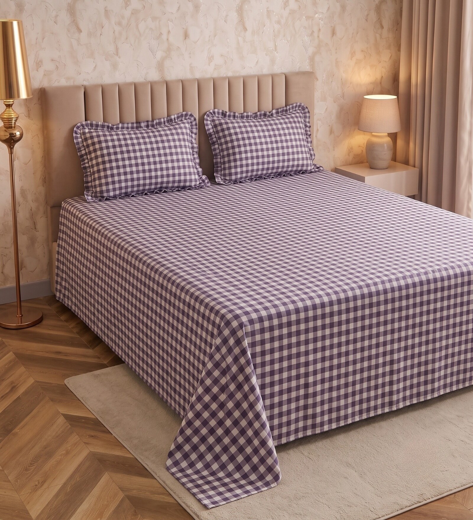 Grey Checkered 260 TC Polycotton Double Flat Bedsheet with 2 Frill Pillow Covers