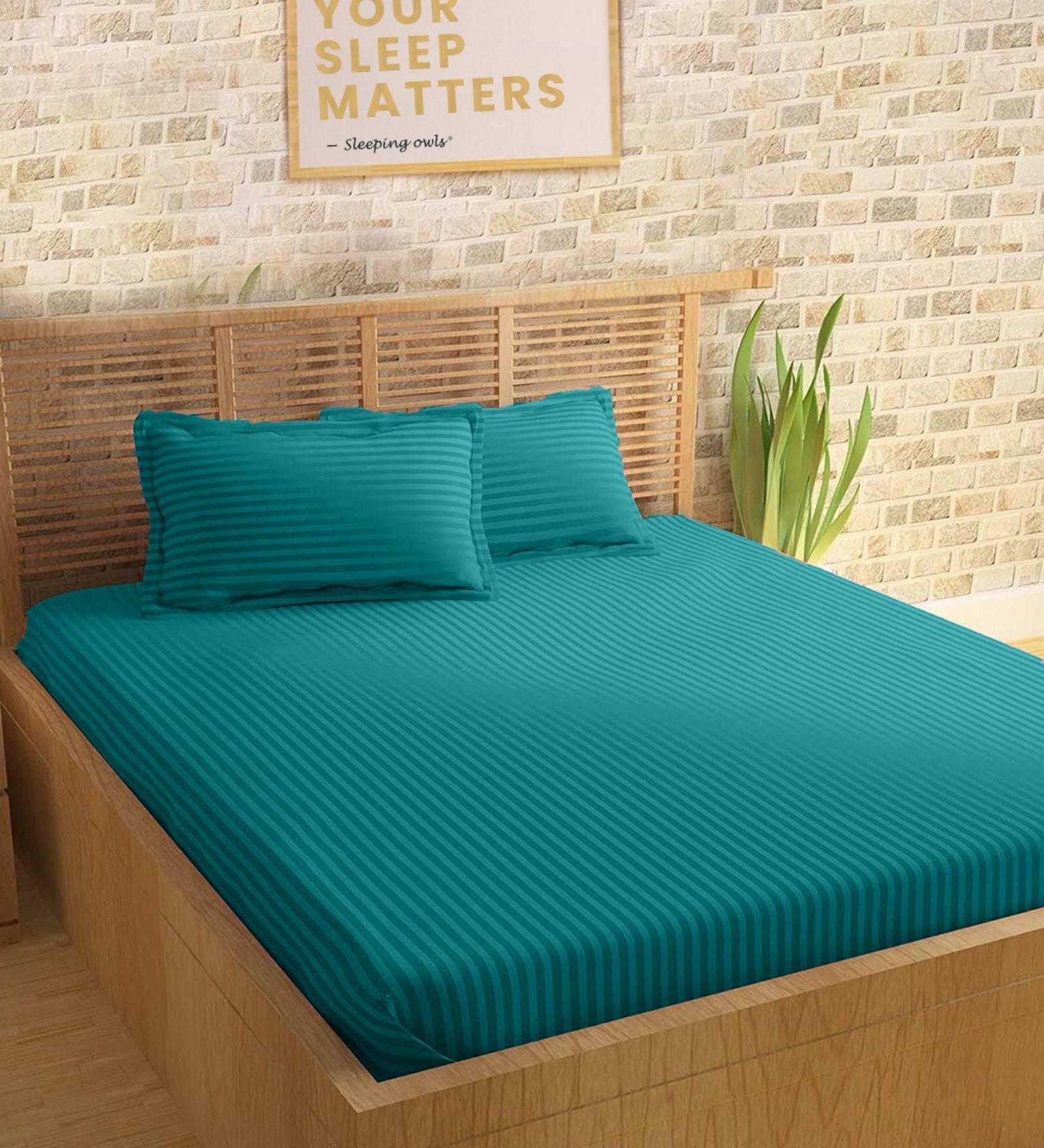 Blue 210TC Cotton stripe 1 Super King Bedsheet with 2 Pillow Covers