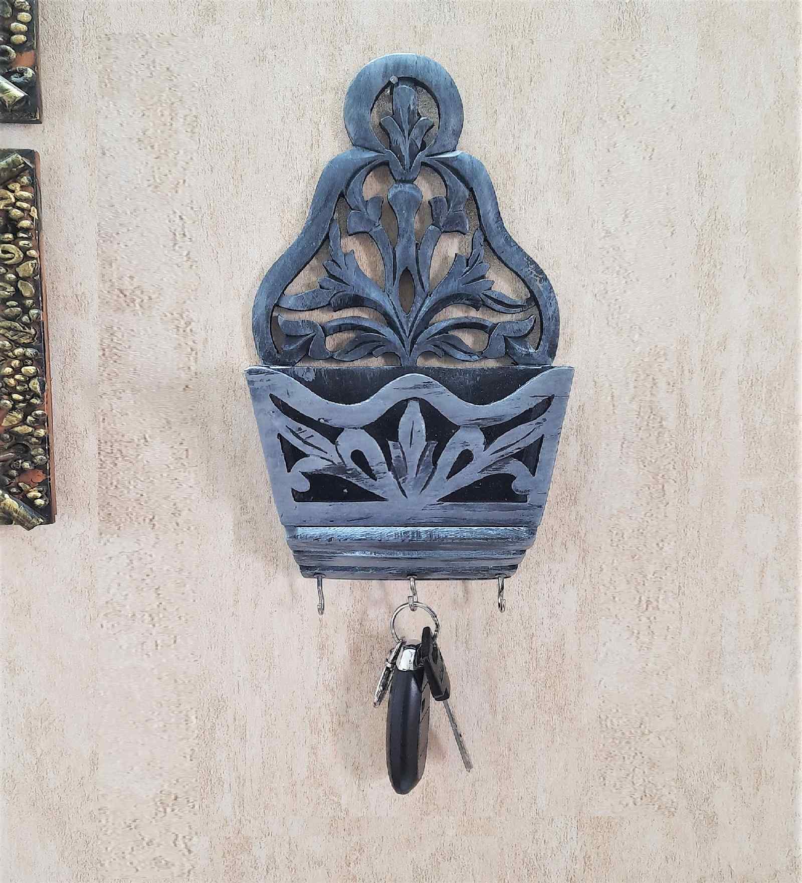Grey Colour Sheesham Wood Key Holder in Distress Finish Grey Colour Sheesham Wood Key Holder in Distress Finish